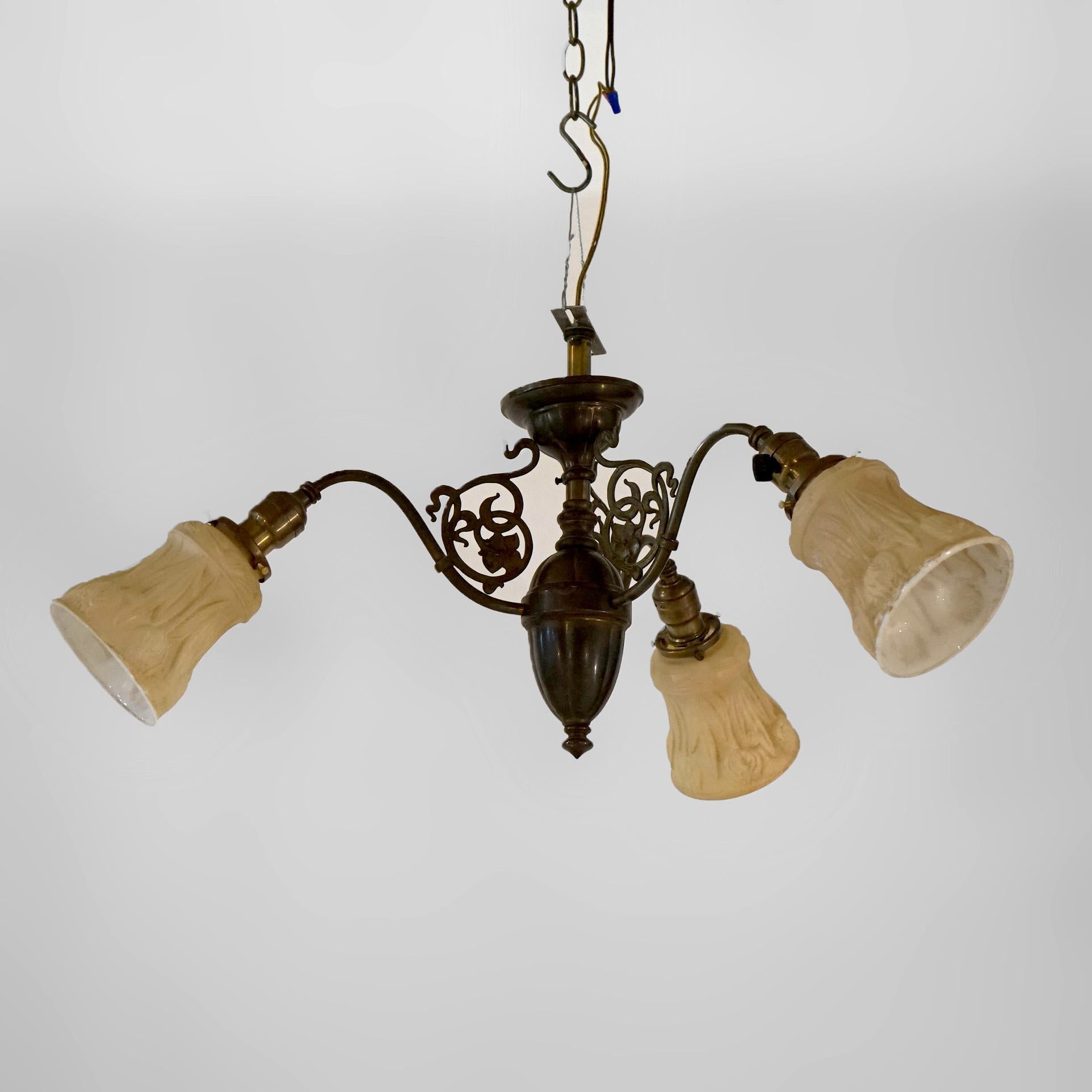 Antique Arts & Crafts Brass Three Light Hanging Fixture Circa 1920 For Sale 3