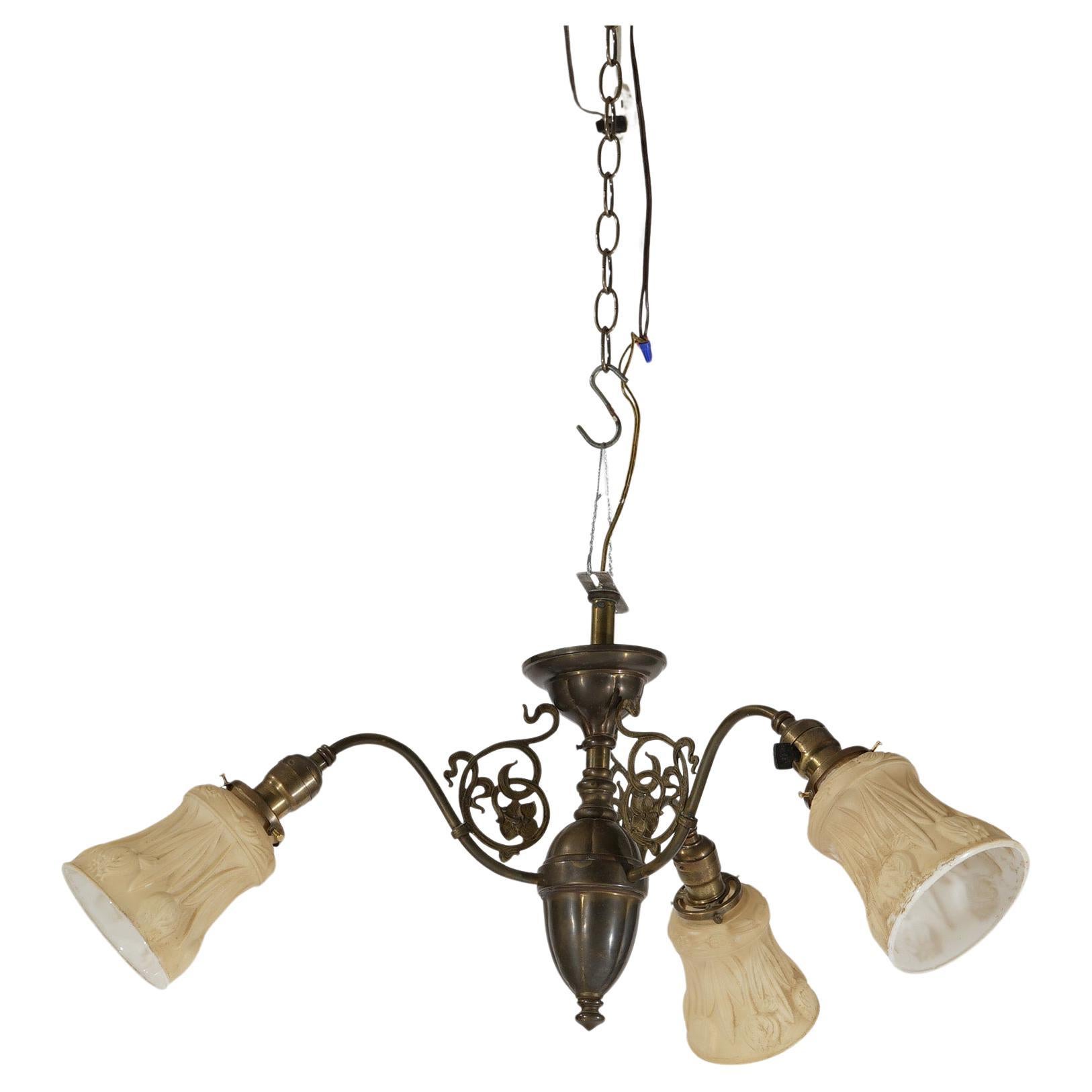 Antique Arts & Crafts Brass Three Light Hanging Fixture Circa 1920 For Sale