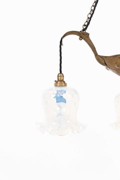 Antique Arts & Crafts Brass & Vaseline Glass Light Chandelier. C.1900