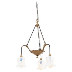 Antique Arts & Crafts Brass & Vaseline Glass Light Chandelier. C.1900