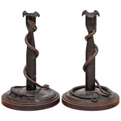 Antique Arts & Crafts Bronze and Wood Snake Candlesticks