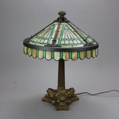 Antique Arts & Crafts Bronze Duffner & Kimberly School Leaded Glass Lamp c1920
