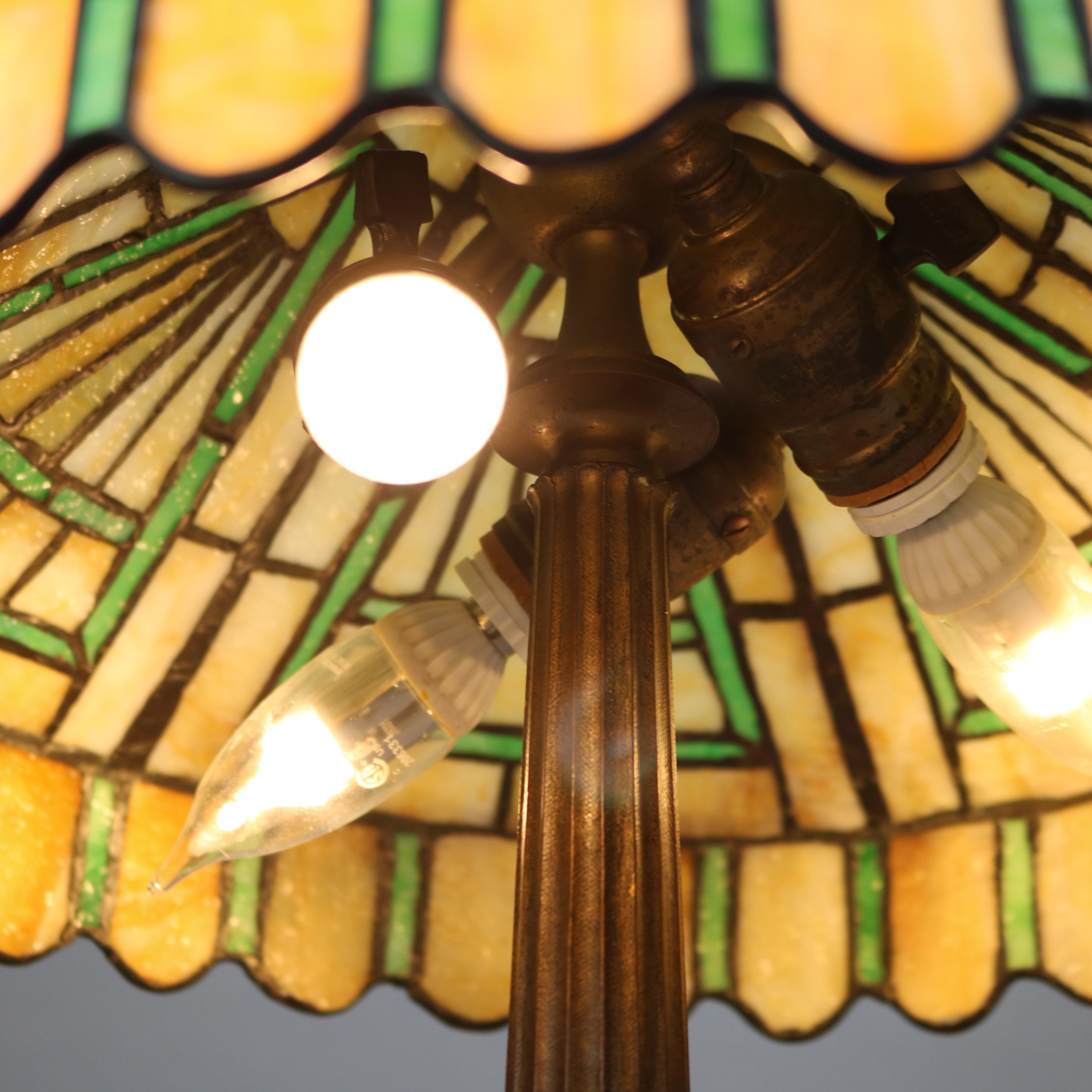 20th Century Antique Arts & Crafts Bronze Duffner & Kimberly School Leaded Glass Lamp c1920