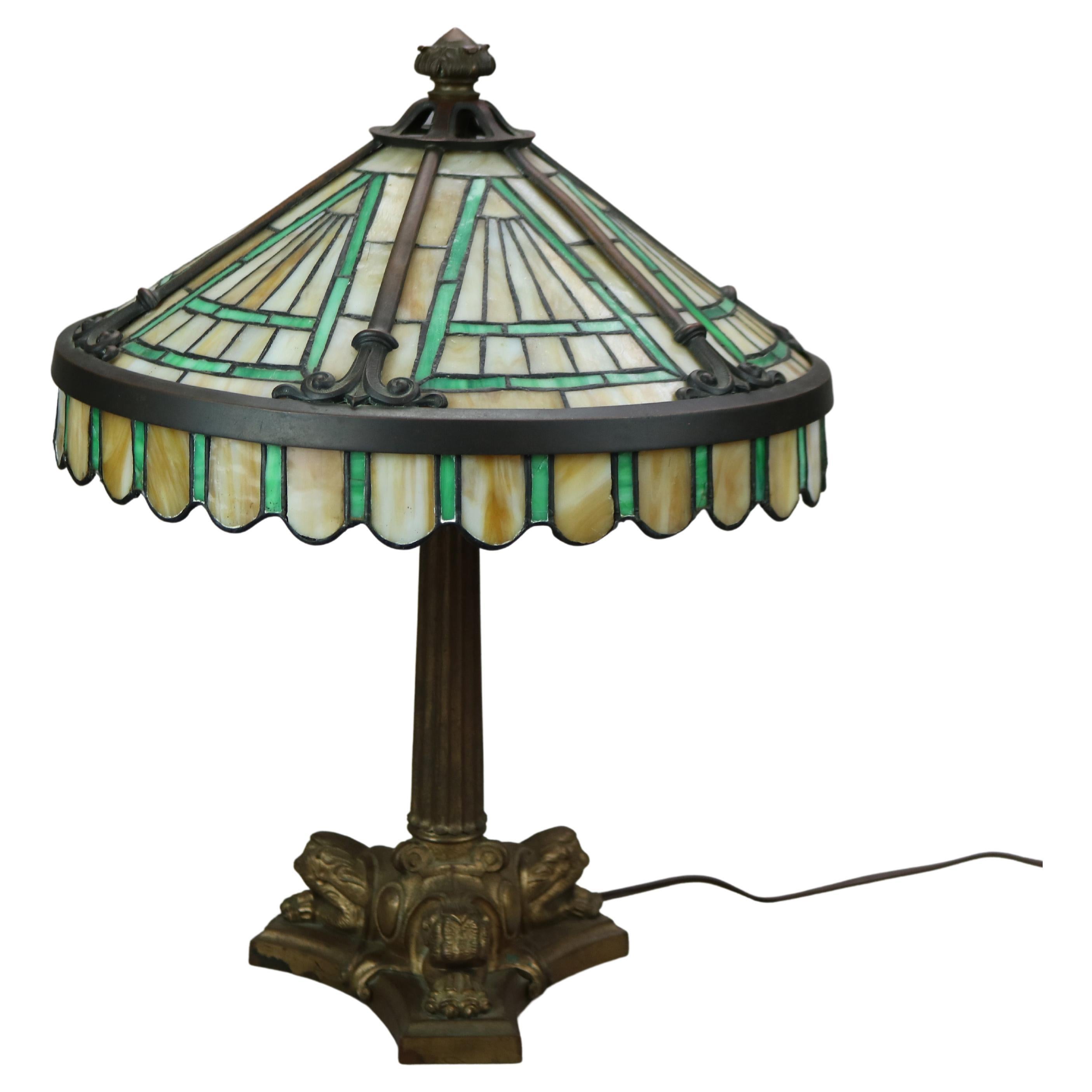 Antique Arts & Crafts Bronze Duffner & Kimberly School Leaded Glass Lamp c1920