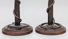 Antique Arts & Crafts Bronze and Wood Snake Candlesticks