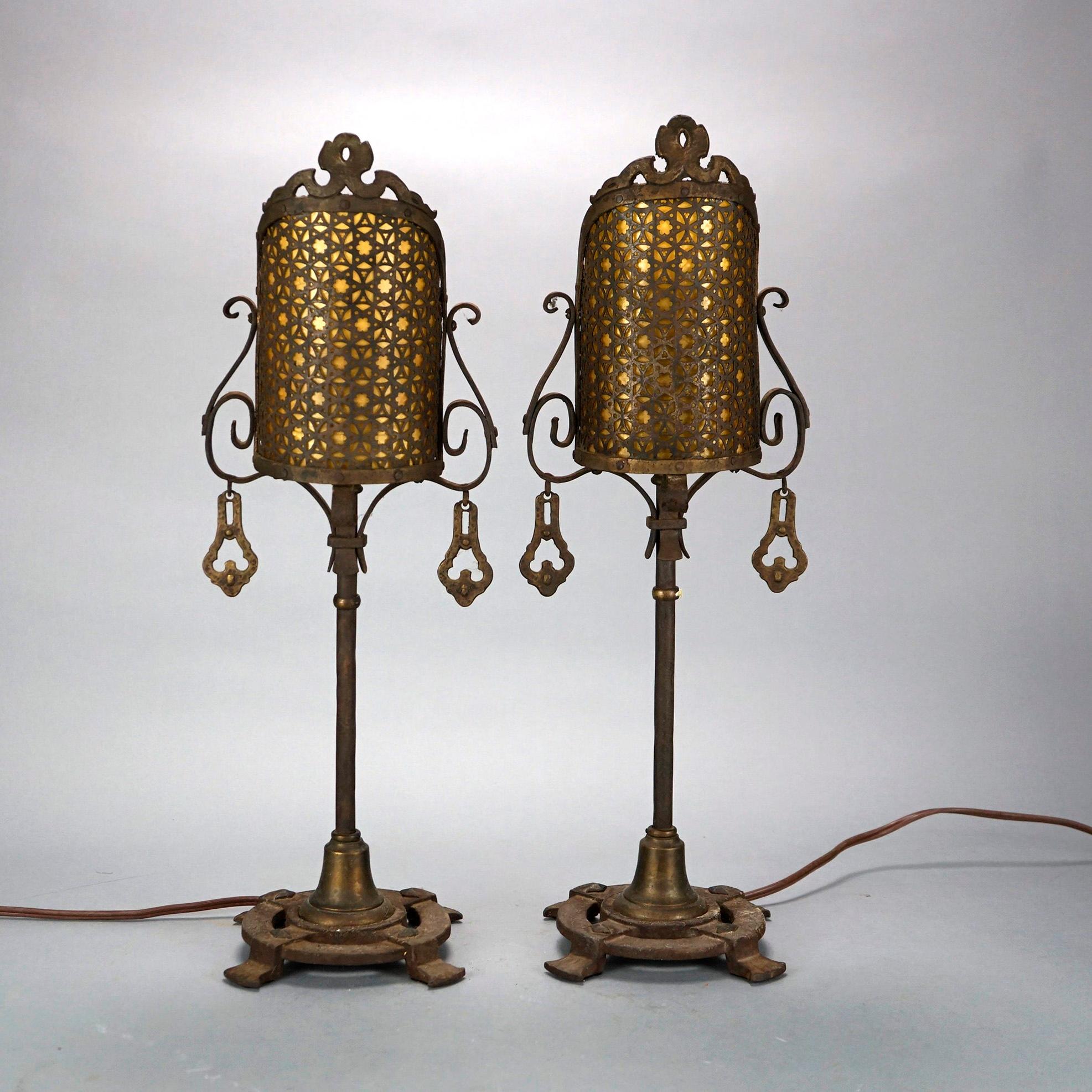 Arts and Crafts Antique Arts & Crafts Bronzed & Reticulated Screen Lamps, Moorish Design, C1920