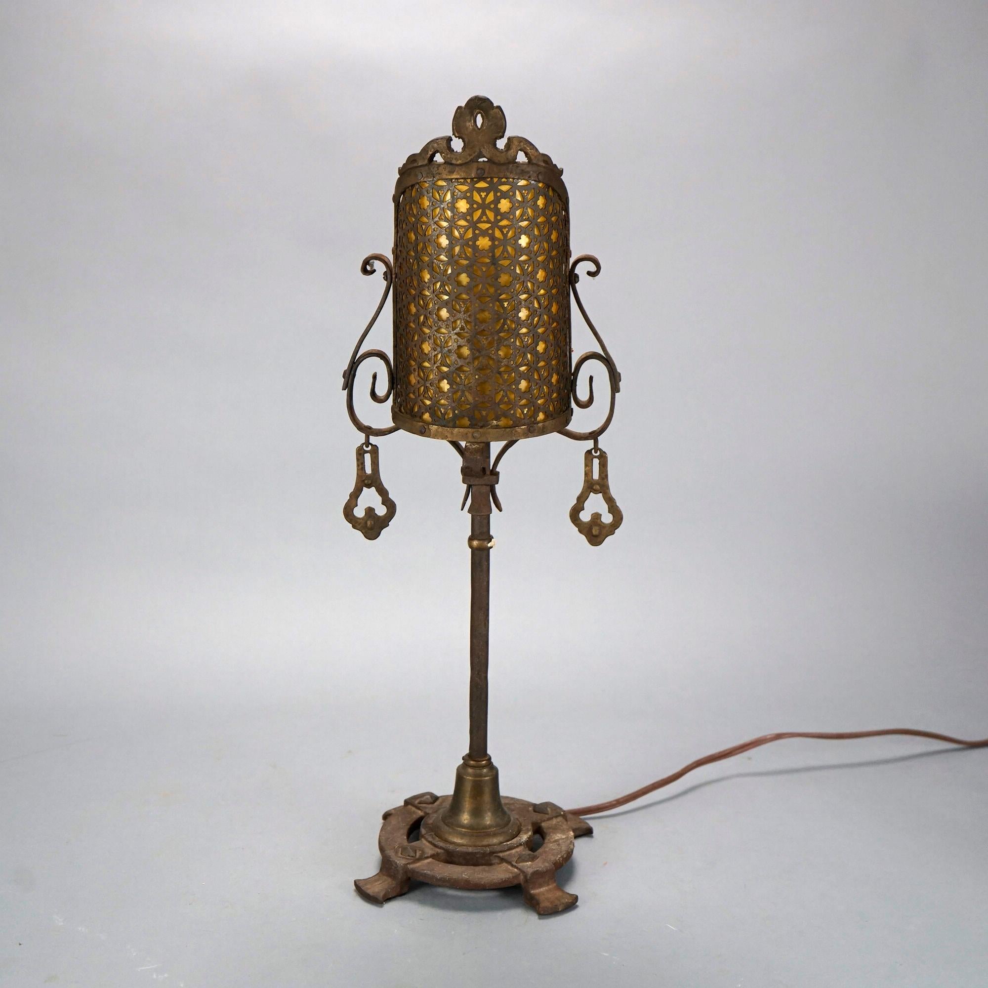 American Antique Arts & Crafts Bronzed & Reticulated Screen Lamps, Moorish Design, C1920