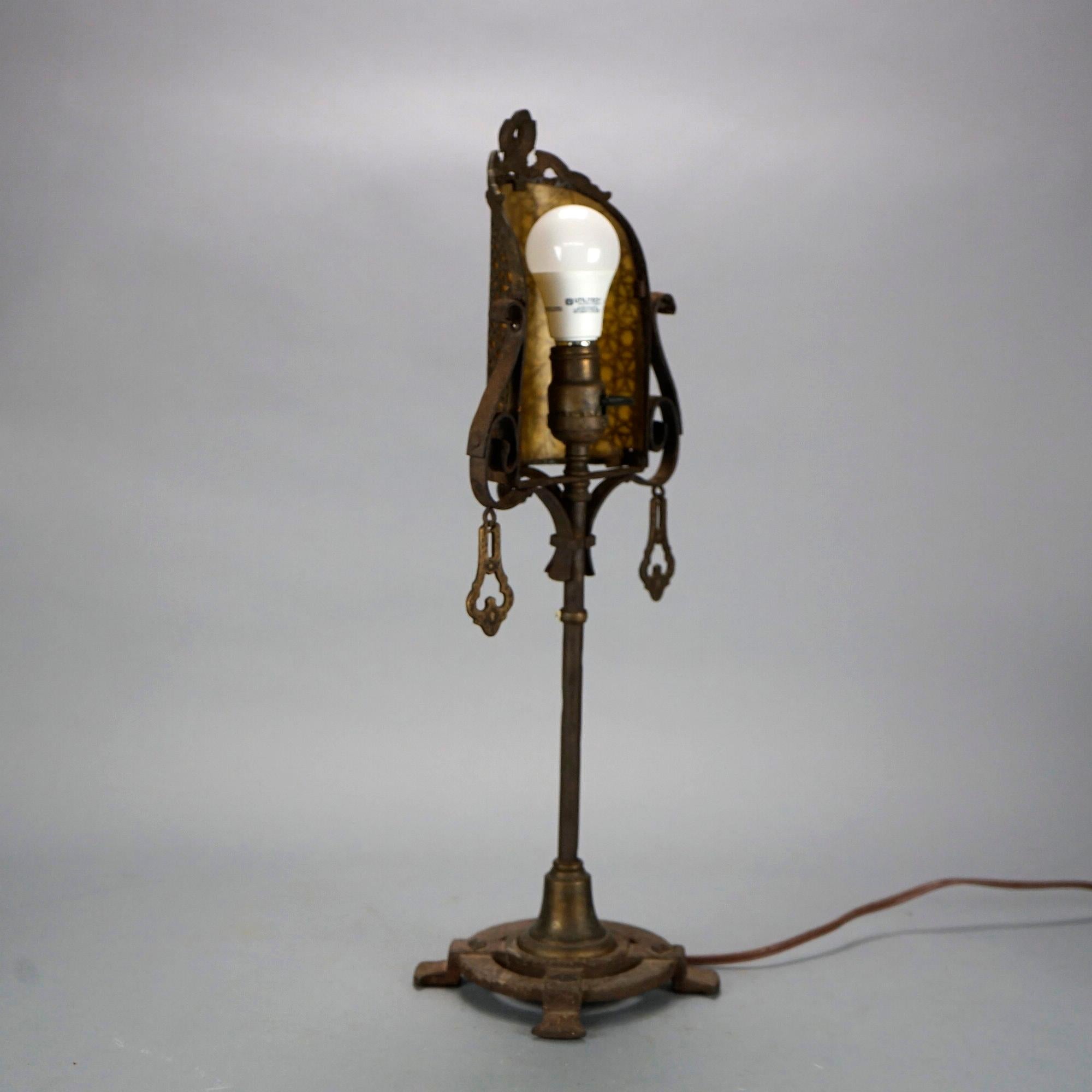 20th Century Antique Arts & Crafts Bronzed & Reticulated Screen Lamps, Moorish Design, C1920
