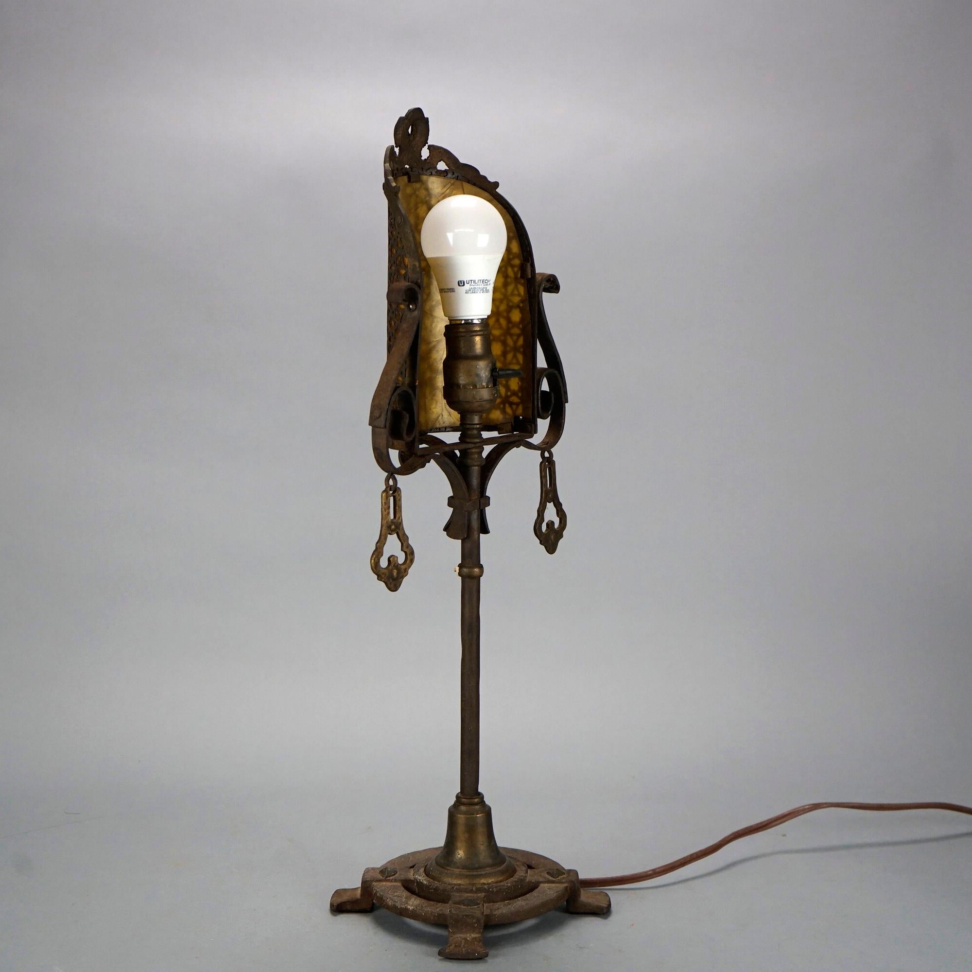Metal Antique Arts & Crafts Bronzed & Reticulated Screen Lamps, Moorish Design, C1920