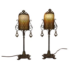 Antique Arts & Crafts Bronzed & Reticulated Screen Lamps, Moorish Design, C1920