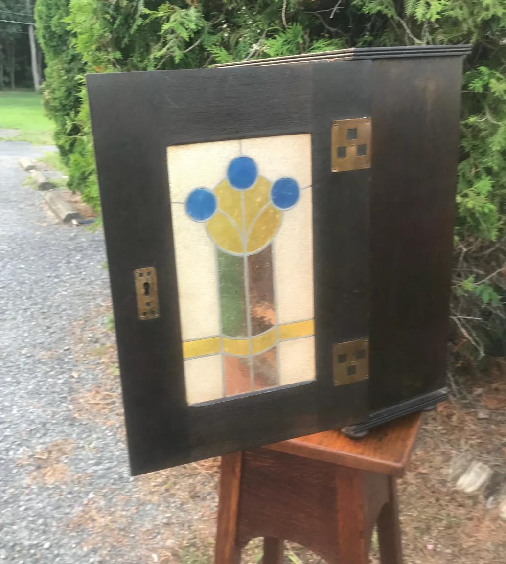 Antique Arts & Crafts Cabinet Stained Glass Stickley Era - W7057   SALE For Sale 5