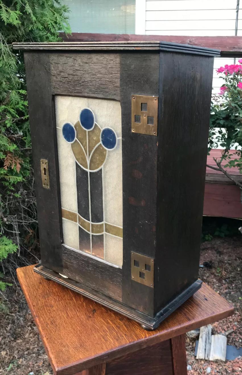 Antique Arts & Crafts Cabinet Stained Glass Stickley Era - W7057   SALE For Sale 6