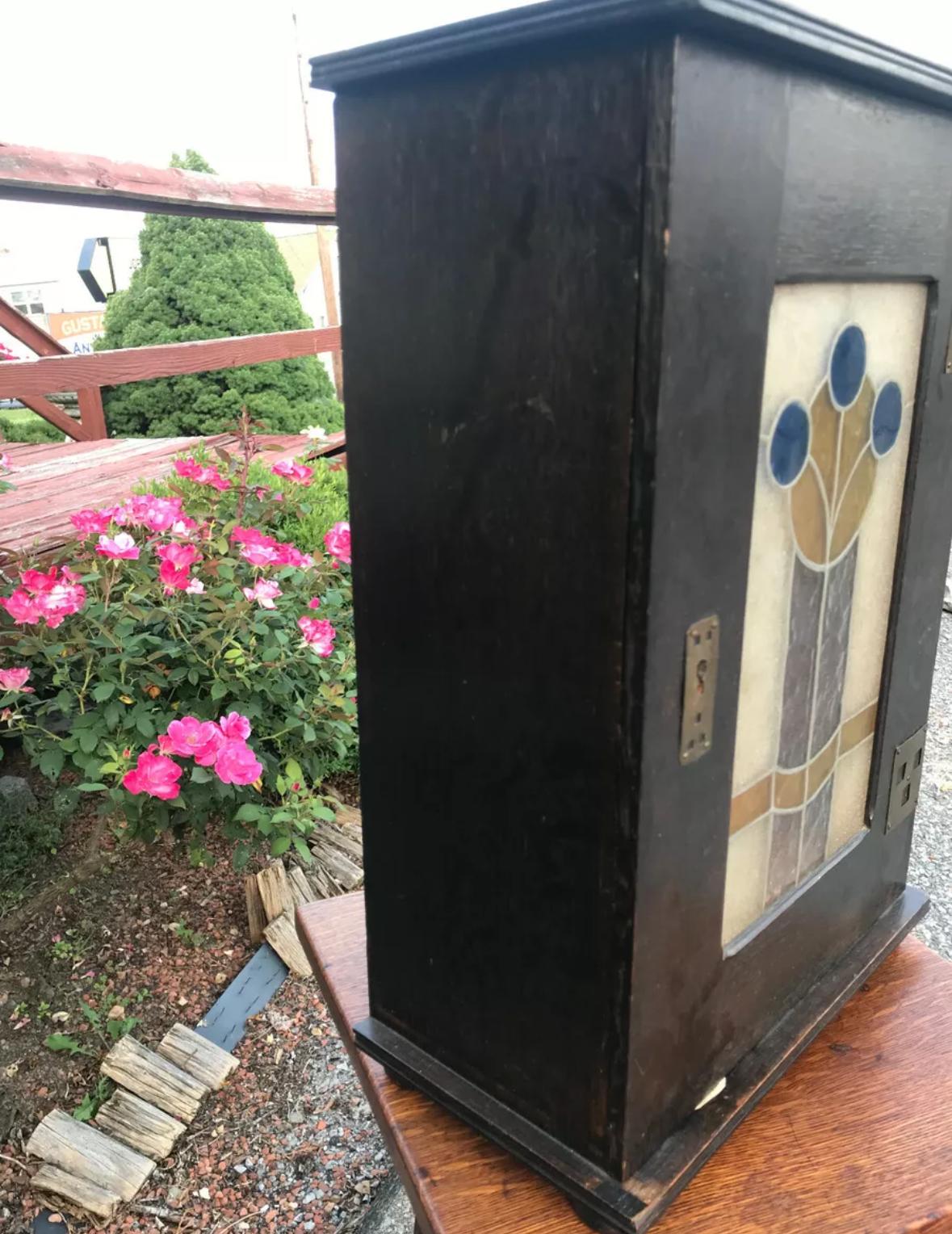 American Antique Arts & Crafts Cabinet Stained Glass Stickley Era - W7057   SALE For Sale