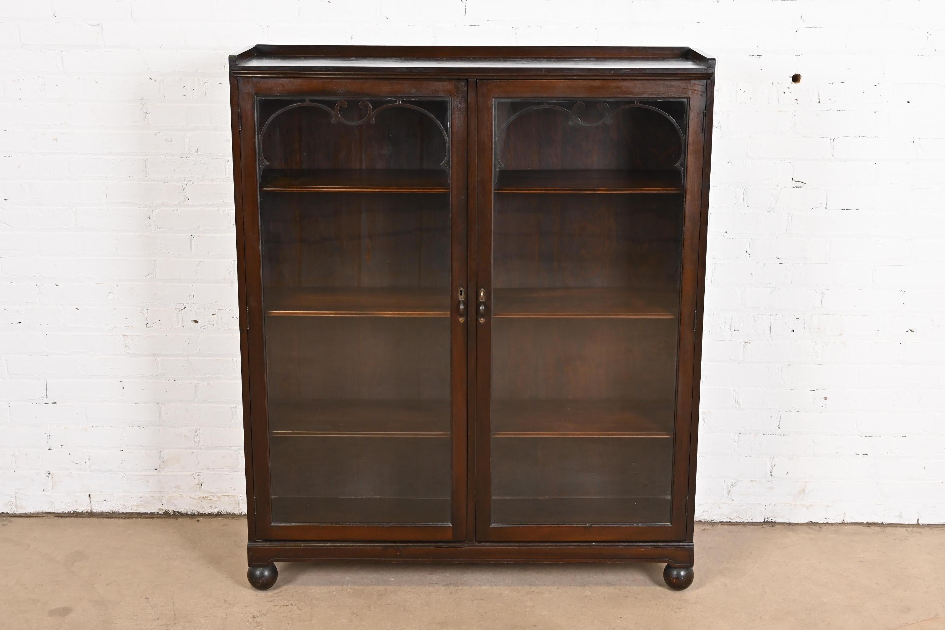 Victorian Antique Arts & Crafts Carved Mahogany Glass Front Double Bookcase, Circa 1900