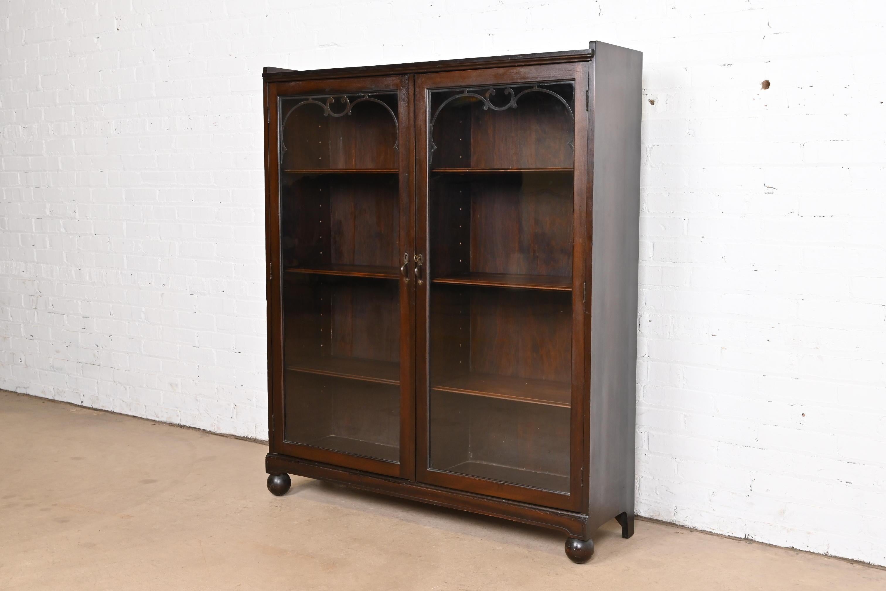 American Antique Arts & Crafts Carved Mahogany Glass Front Double Bookcase, Circa 1900