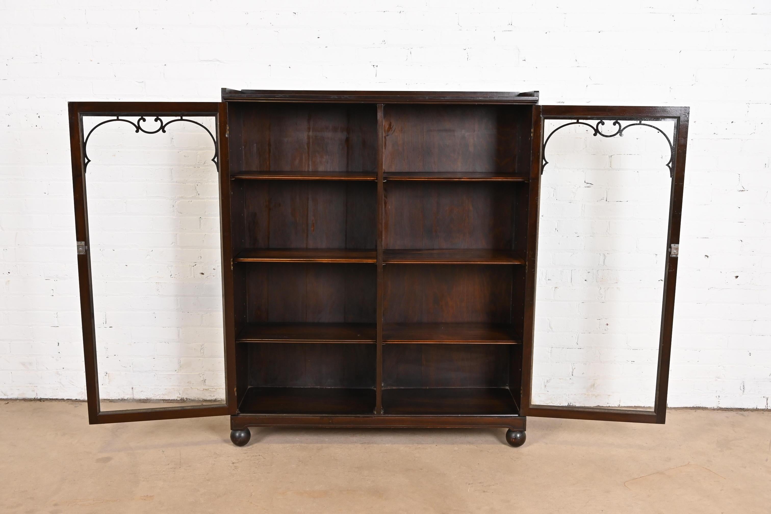 20th Century Antique Arts & Crafts Carved Mahogany Glass Front Double Bookcase, Circa 1900
