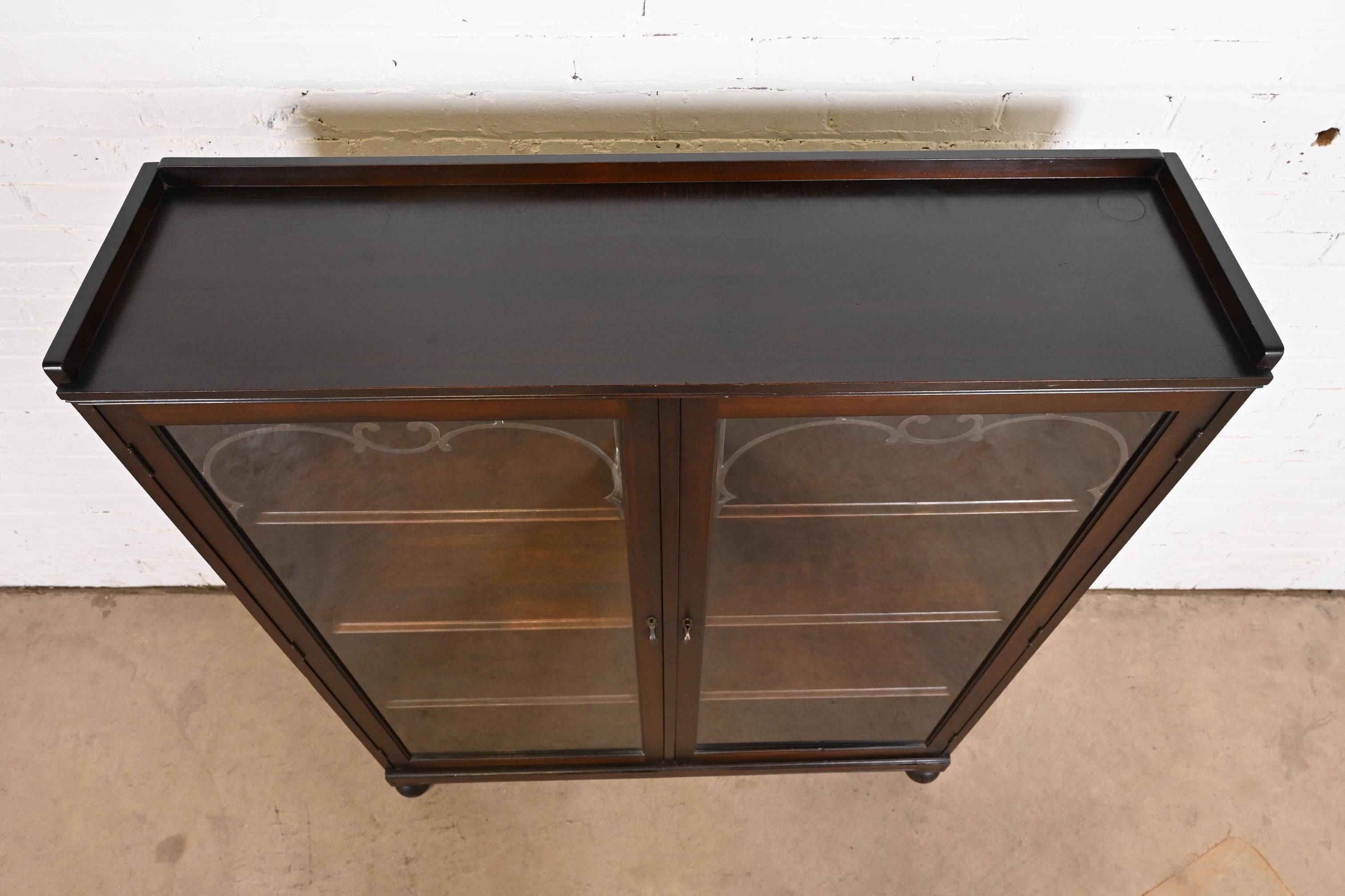Antique Arts & Crafts Carved Mahogany Glass Front Double Bookcase, Circa 1900 3