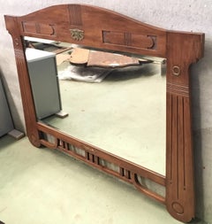 Antique Arts & Crafts Carved Oak and Bronze Mirror, circa 1920