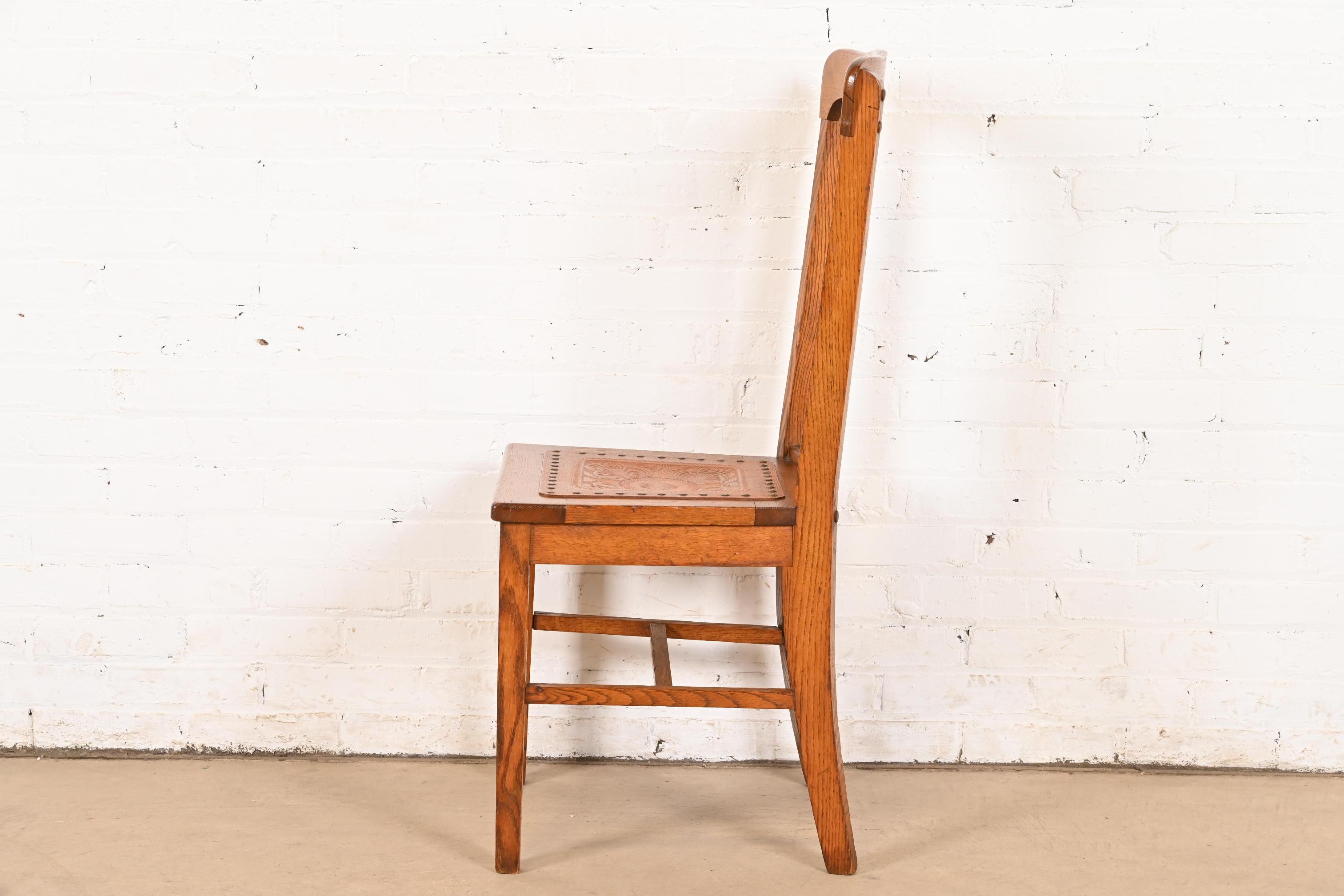 Antique Arts & Crafts Carved Oak and Leather Dining Chair, Circa 1900 For Sale 4