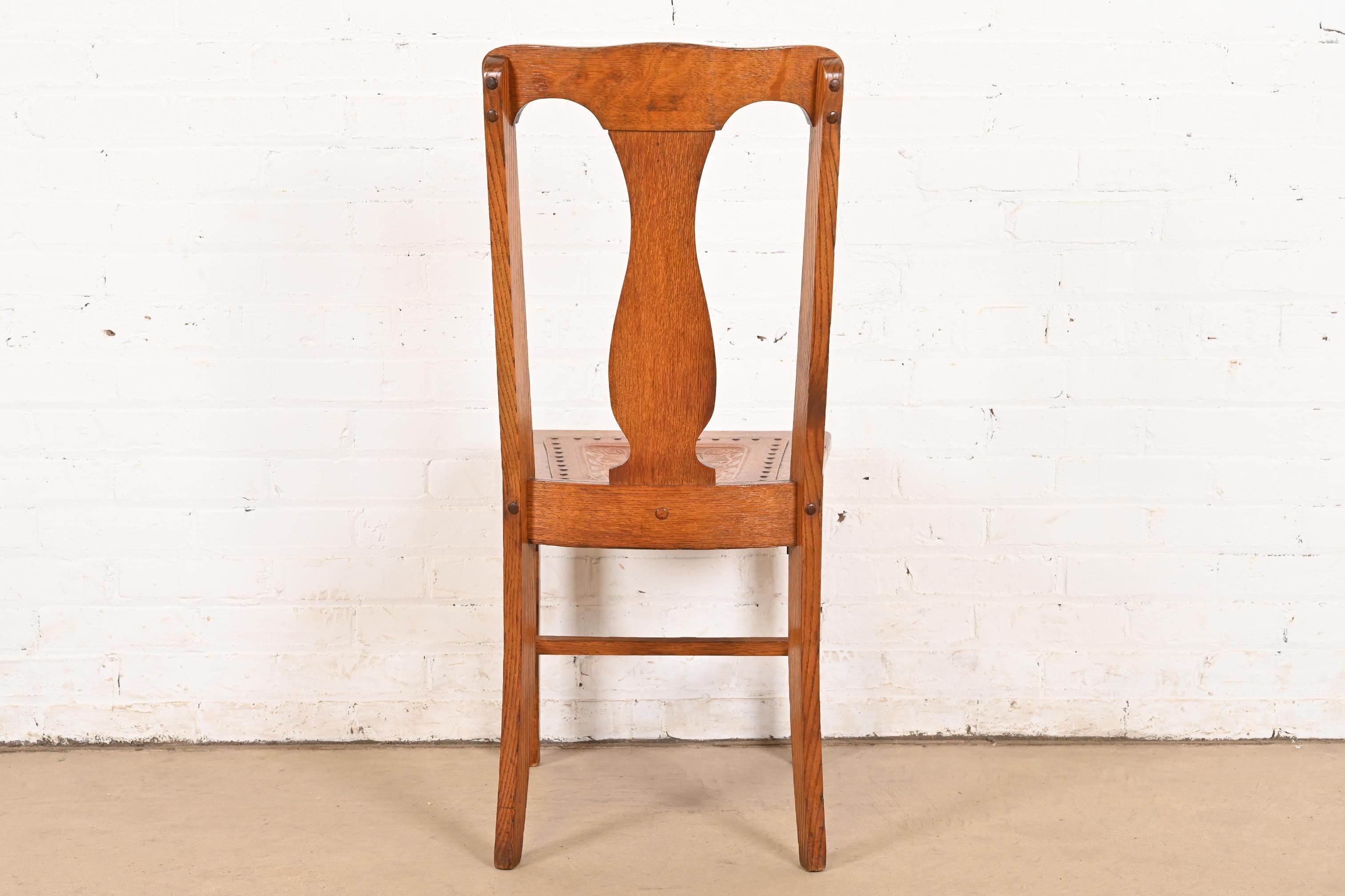 Antique Arts & Crafts Carved Oak and Leather Dining Chair, Circa 1900 For Sale 5