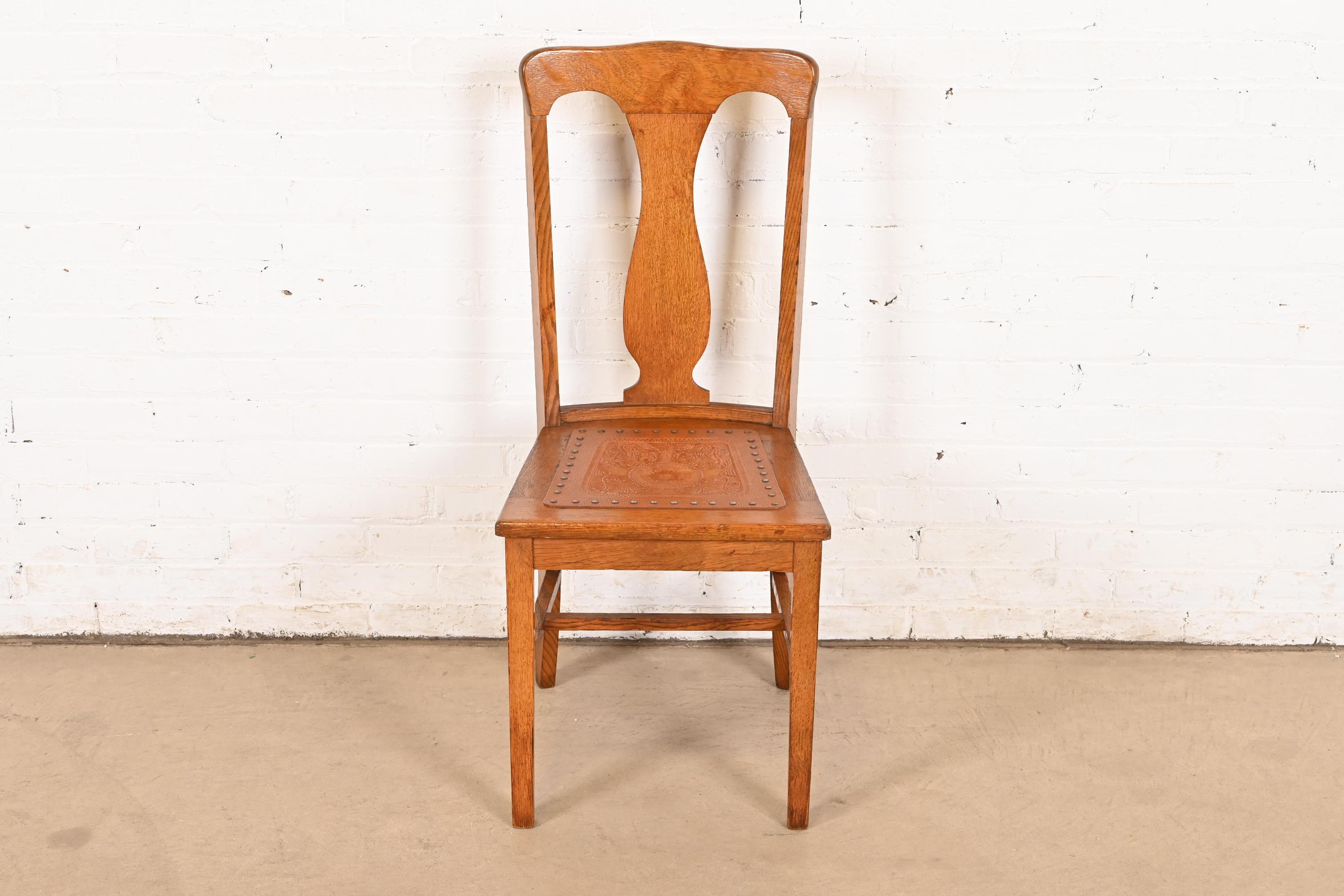 Arts and Crafts Antique Arts & Crafts Carved Oak and Leather Dining Chair, Circa 1900 For Sale