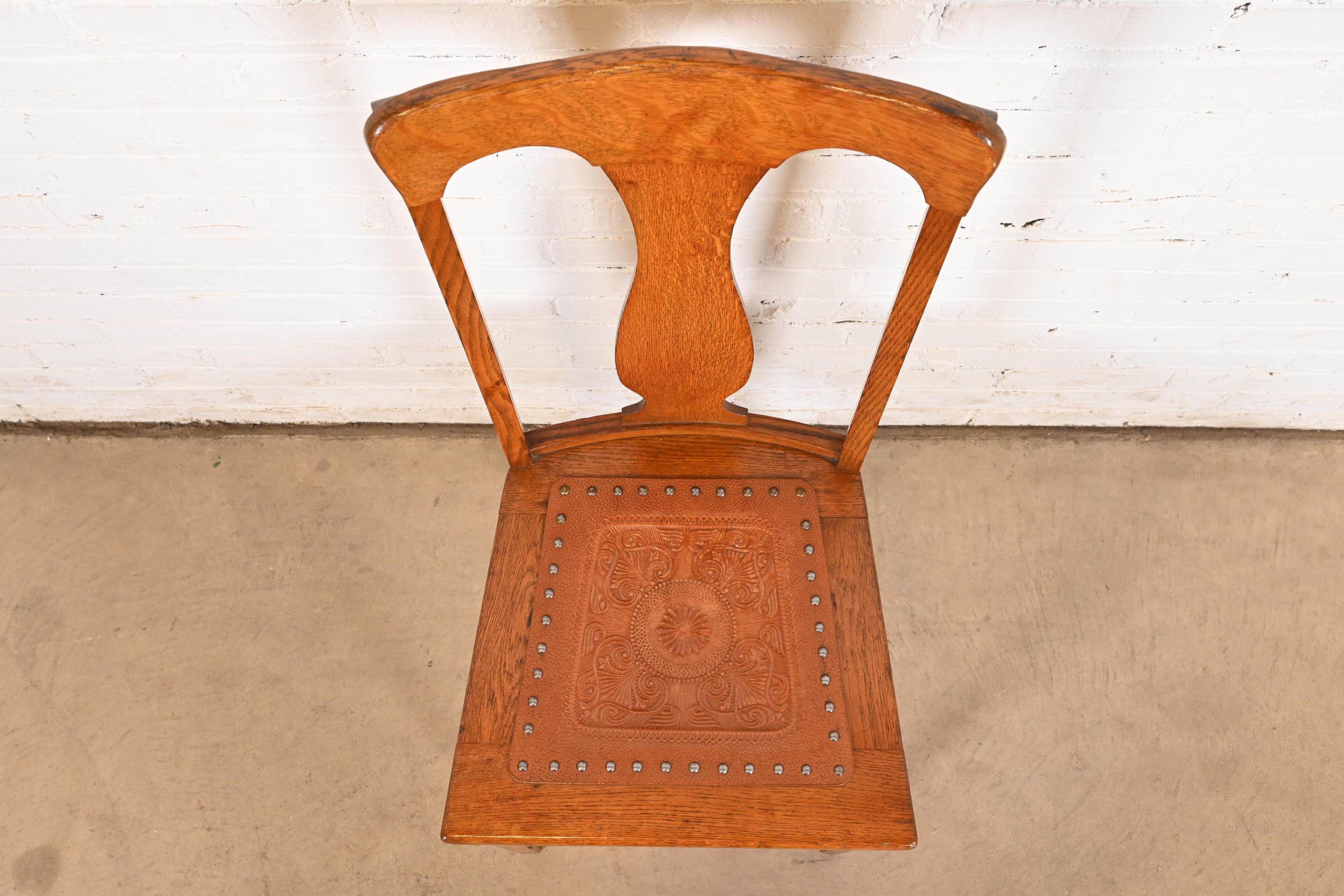 20th Century Antique Arts & Crafts Carved Oak and Leather Dining Chair, Circa 1900 For Sale