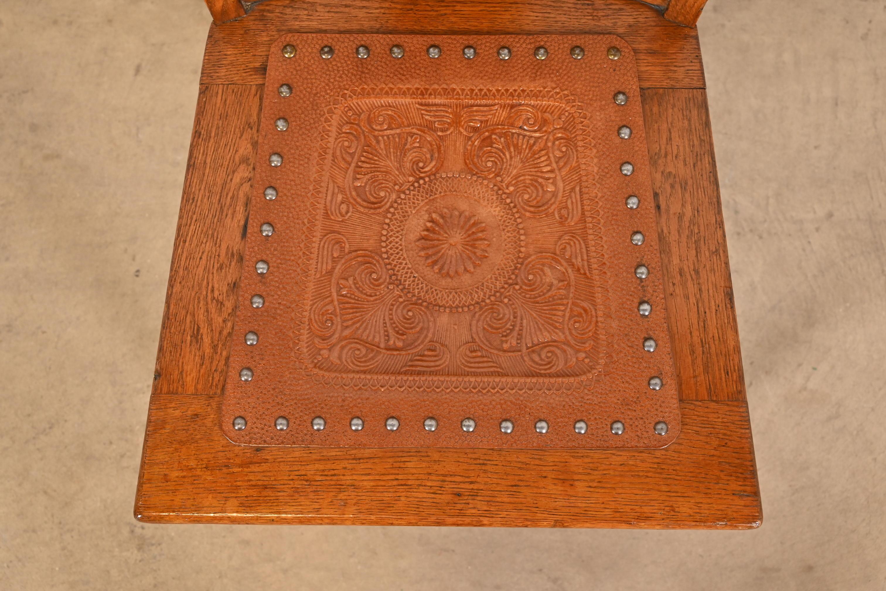 Antique Arts & Crafts Carved Oak and Leather Dining Chair, Circa 1900 For Sale 2