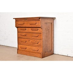Antique Arts & Crafts Carved Oak Five-Drawer Flat File or Chest of Drawers