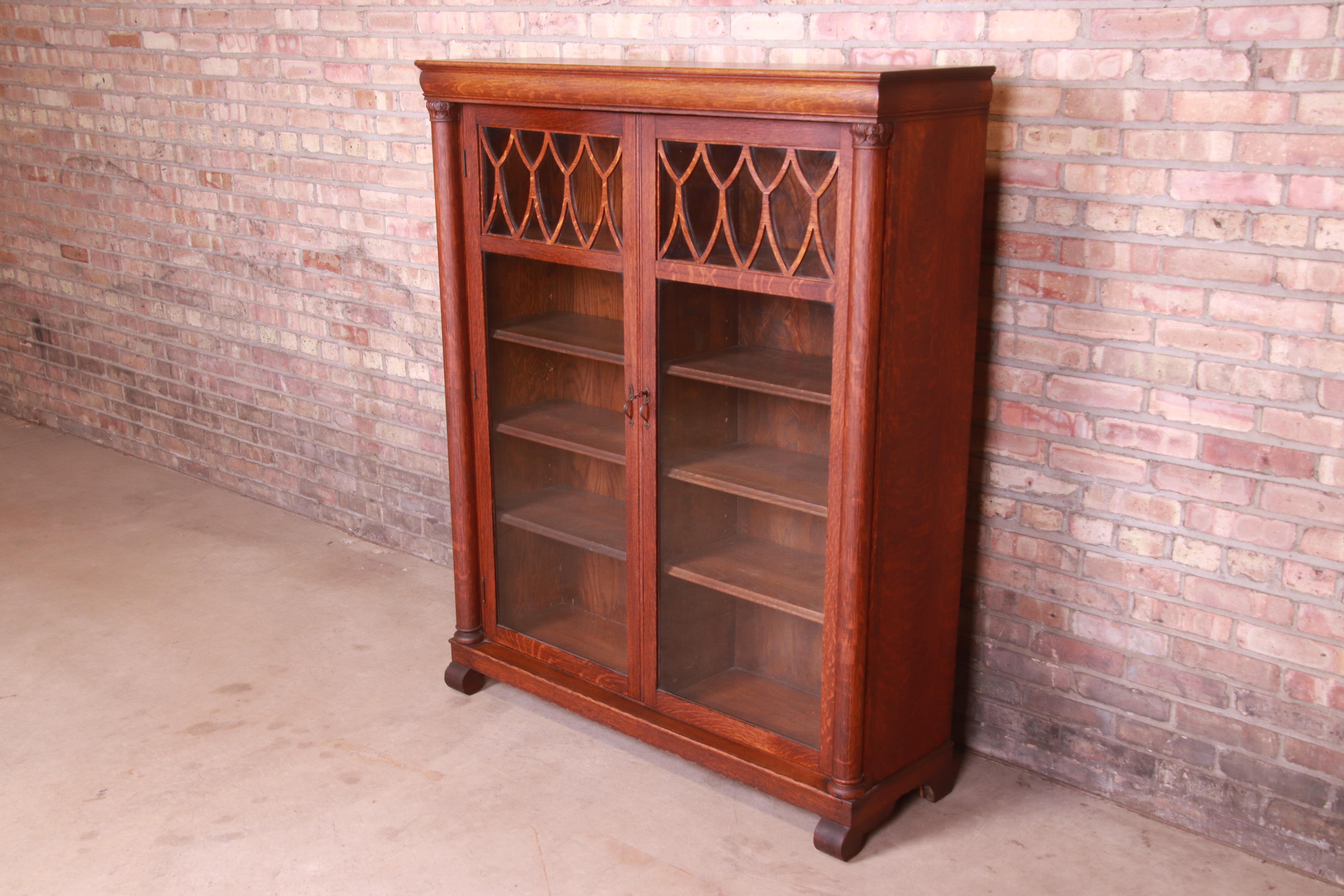American Antique Arts & Crafts Carved Oak Glass Front Double Bookcase, Circa 1900
