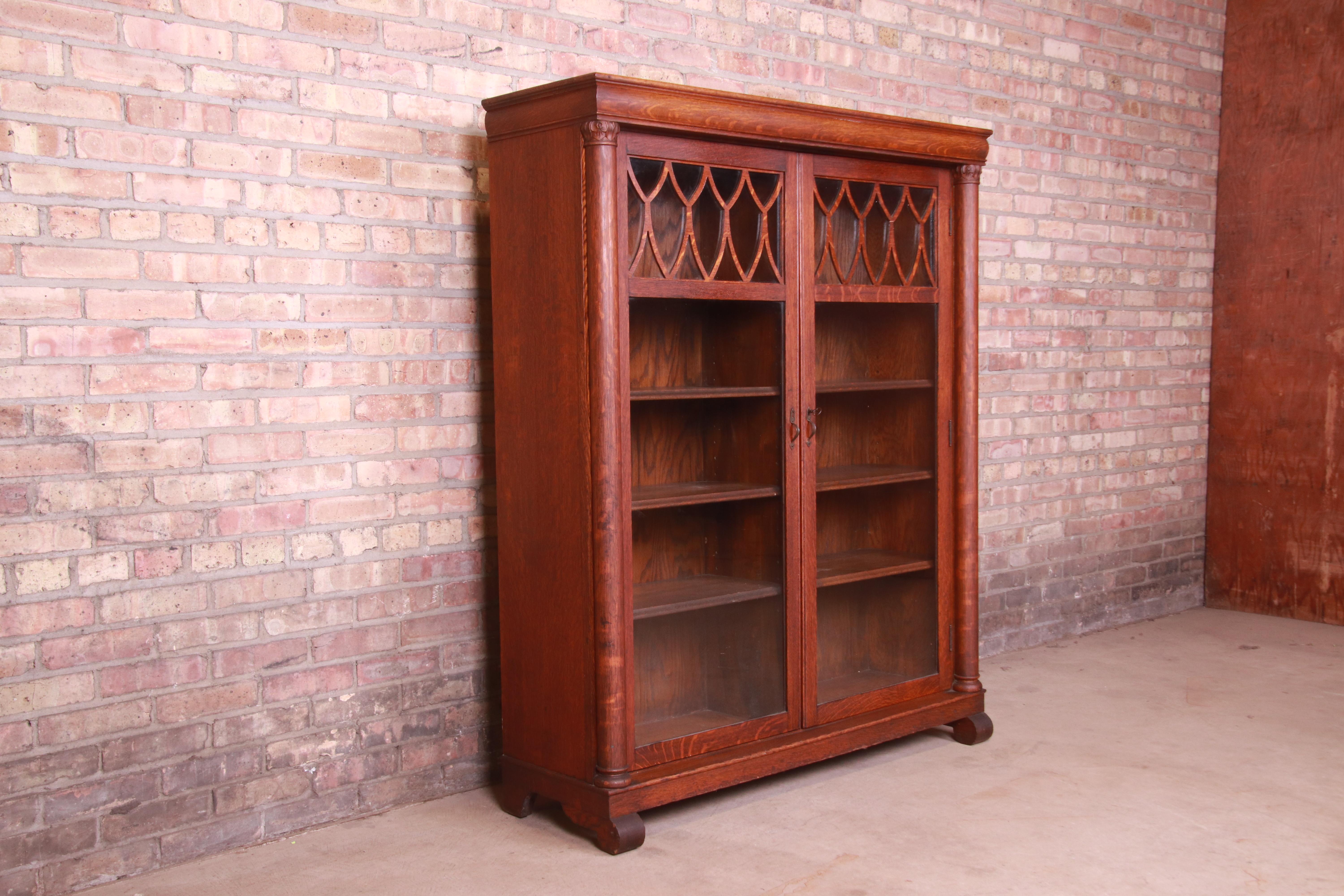 Antique Arts & Crafts Carved Oak Glass Front Double Bookcase, Circa 1900 1