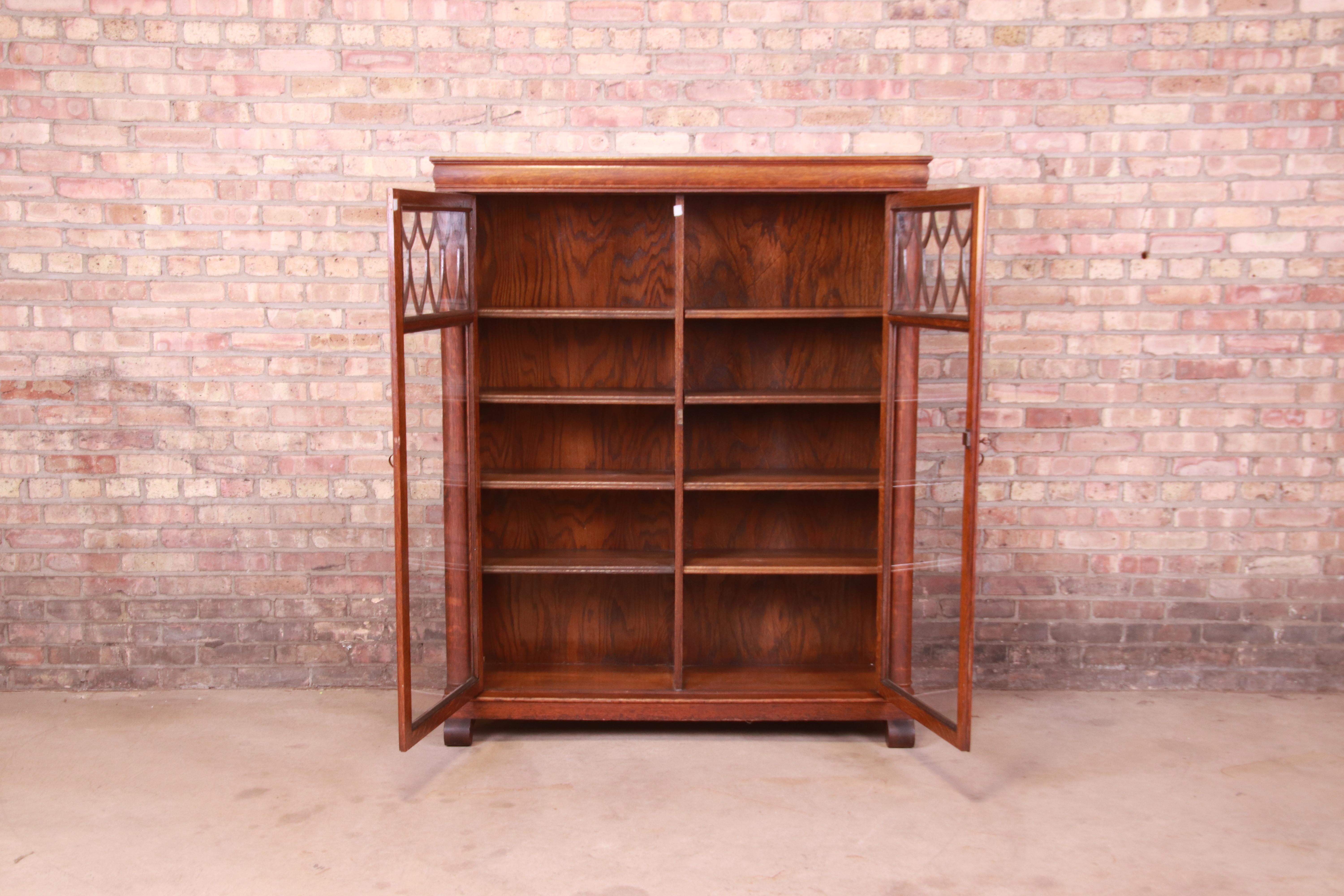 Antique Arts & Crafts Carved Oak Glass Front Double Bookcase, Circa 1900 3