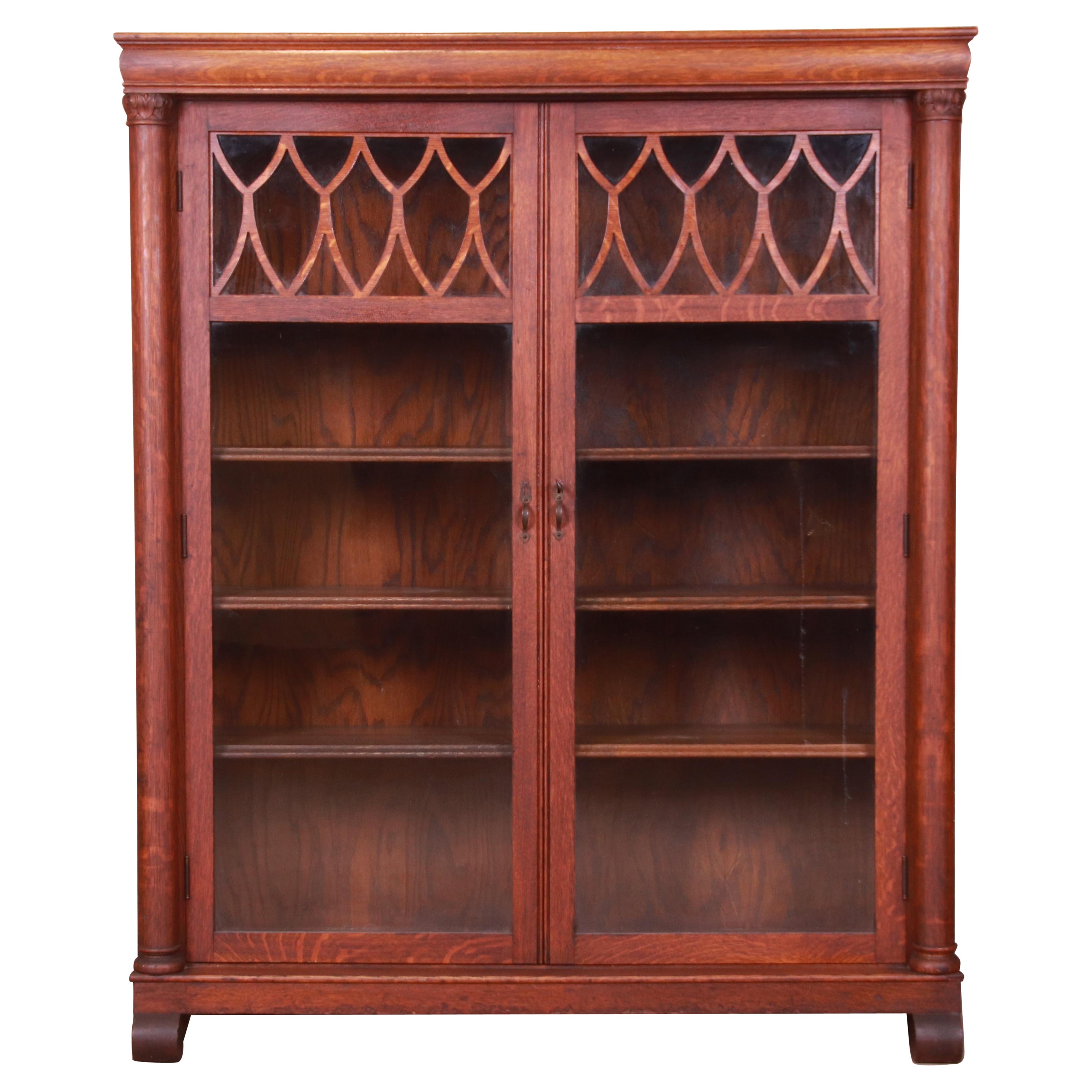 Antique Arts 
Crafts Carved Oak Glass Front Double Bookcase, Circa 1900