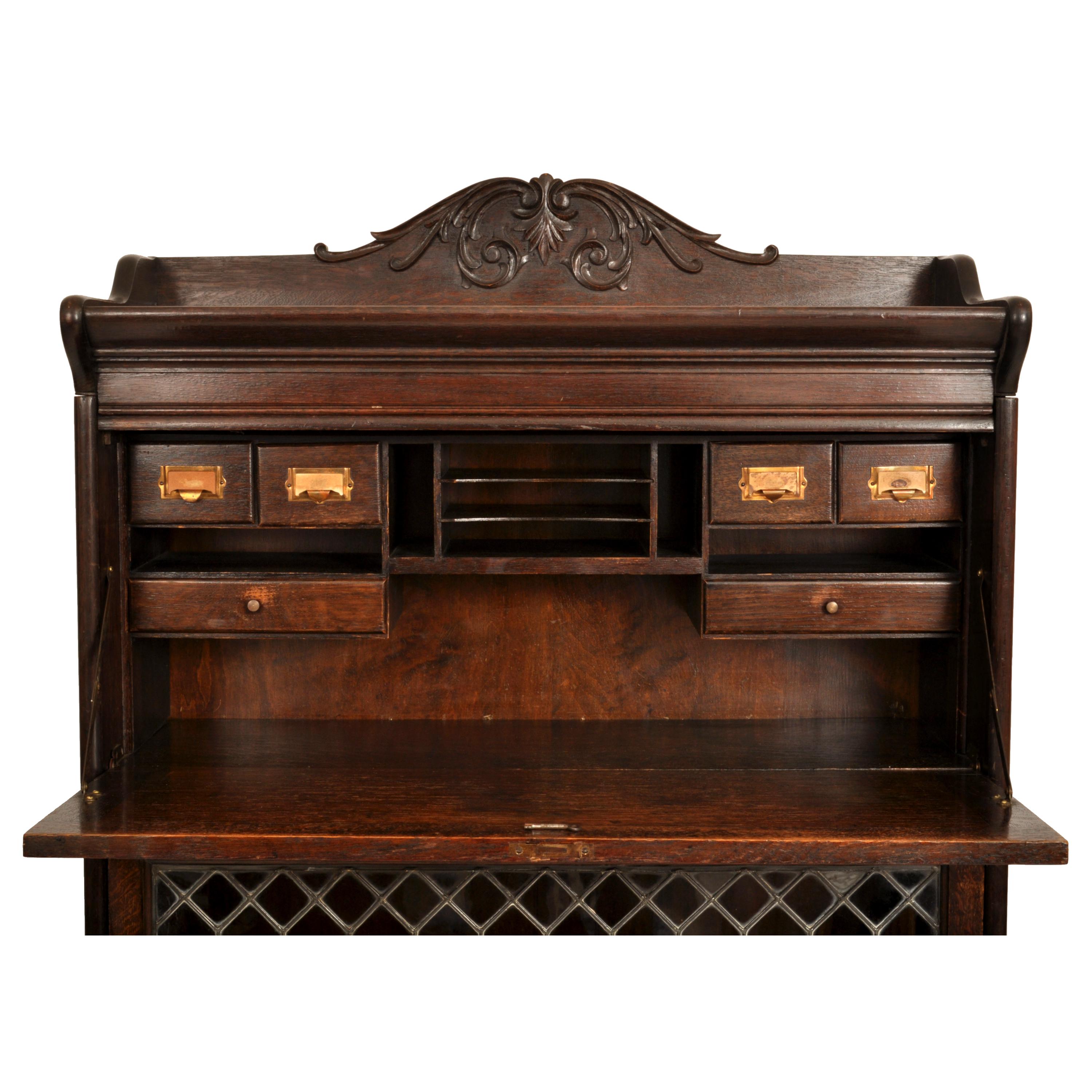 Antique Arts & Crafts Carved Oak Lawyer's Barrister's Bookcase Desk Leaded Glass 2