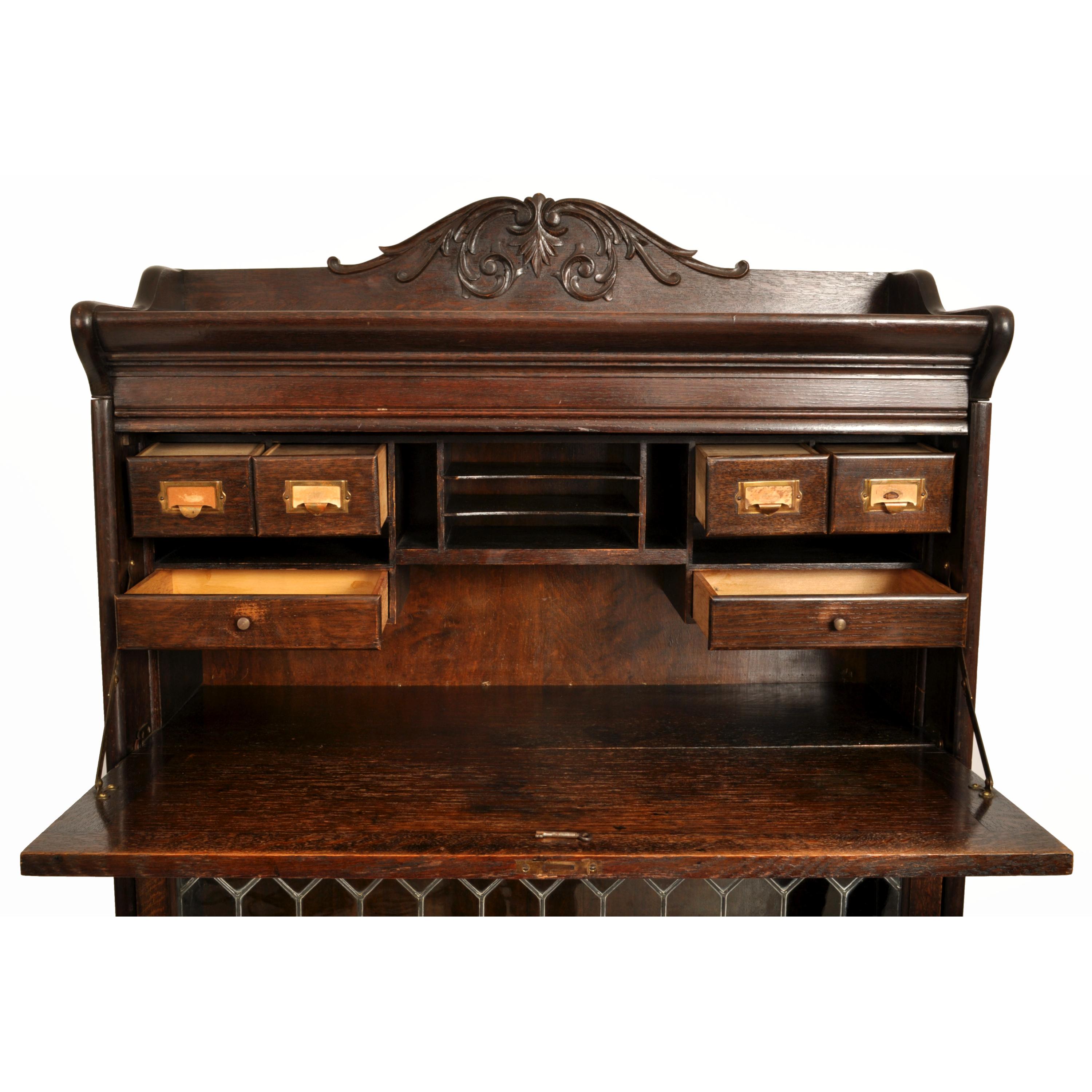 Antique Arts & Crafts Carved Oak Lawyer's Barrister's Bookcase Desk Leaded Glass 3