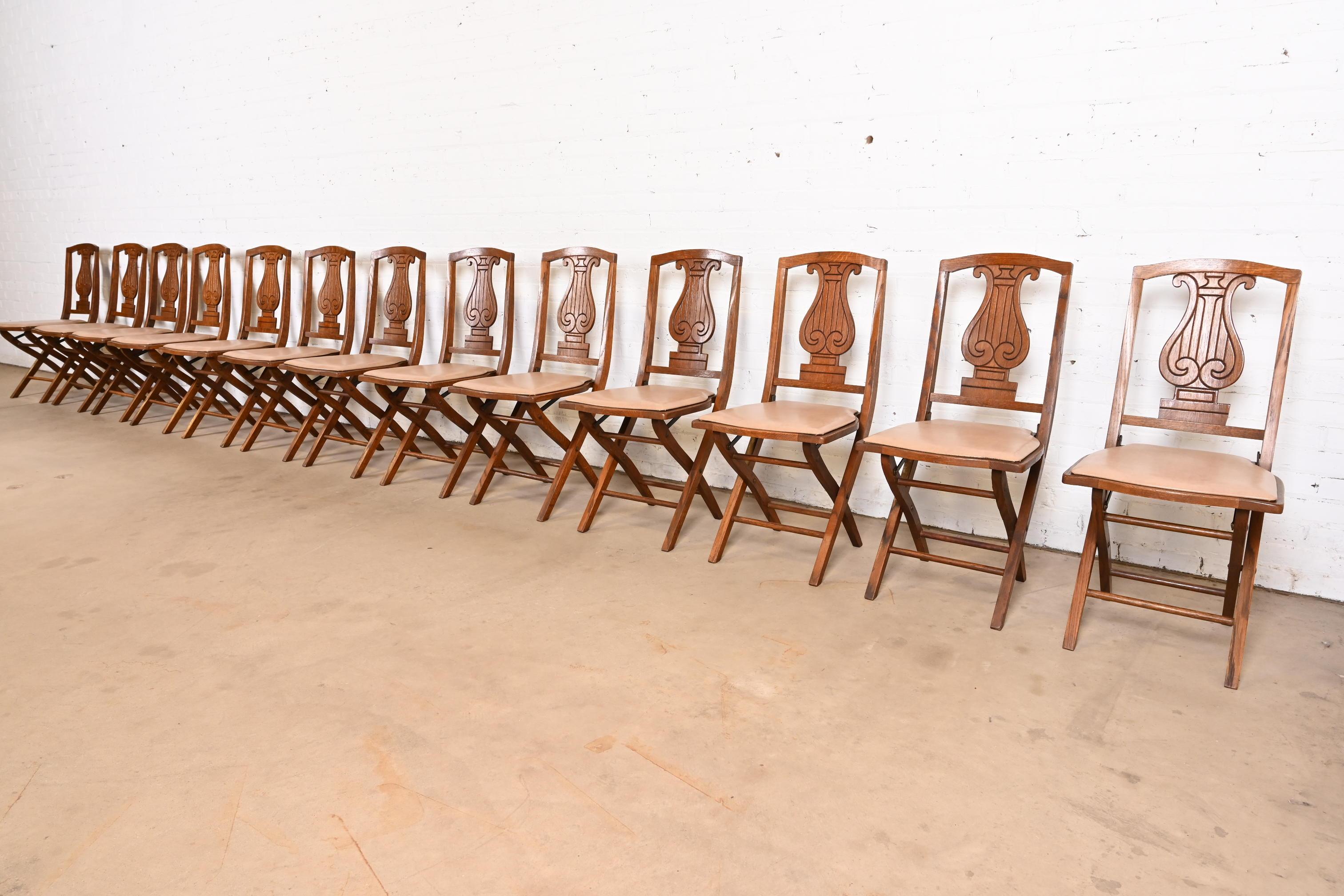 Antique Arts & Crafts Carved Oak Lyre Back Folding Chair by Phoenix Chair Co. For Sale 6