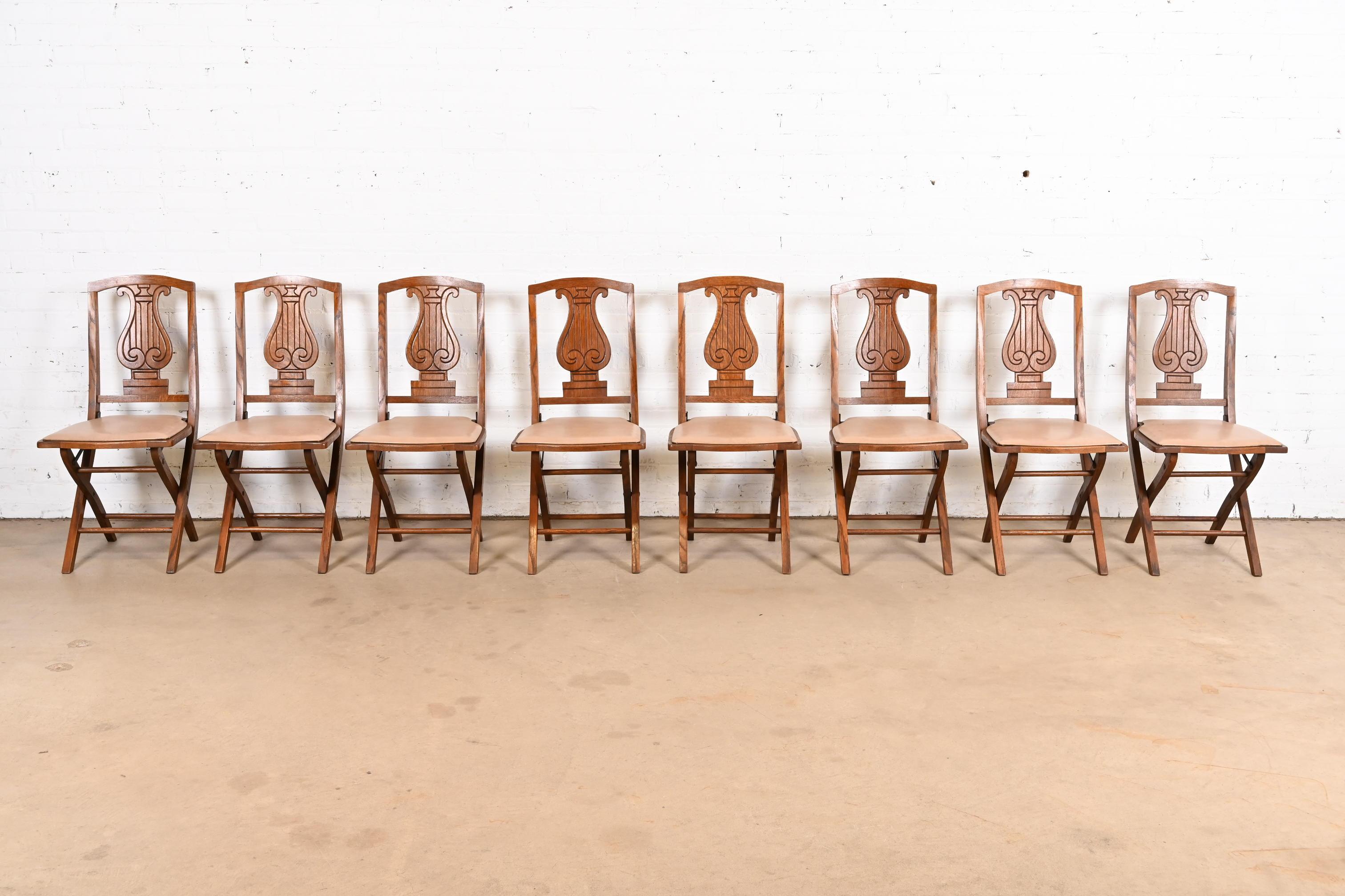 Antique Arts & Crafts Carved Oak Lyre Back Folding Chair by Phoenix Chair Co. In Good Condition For Sale In South Bend, IN
