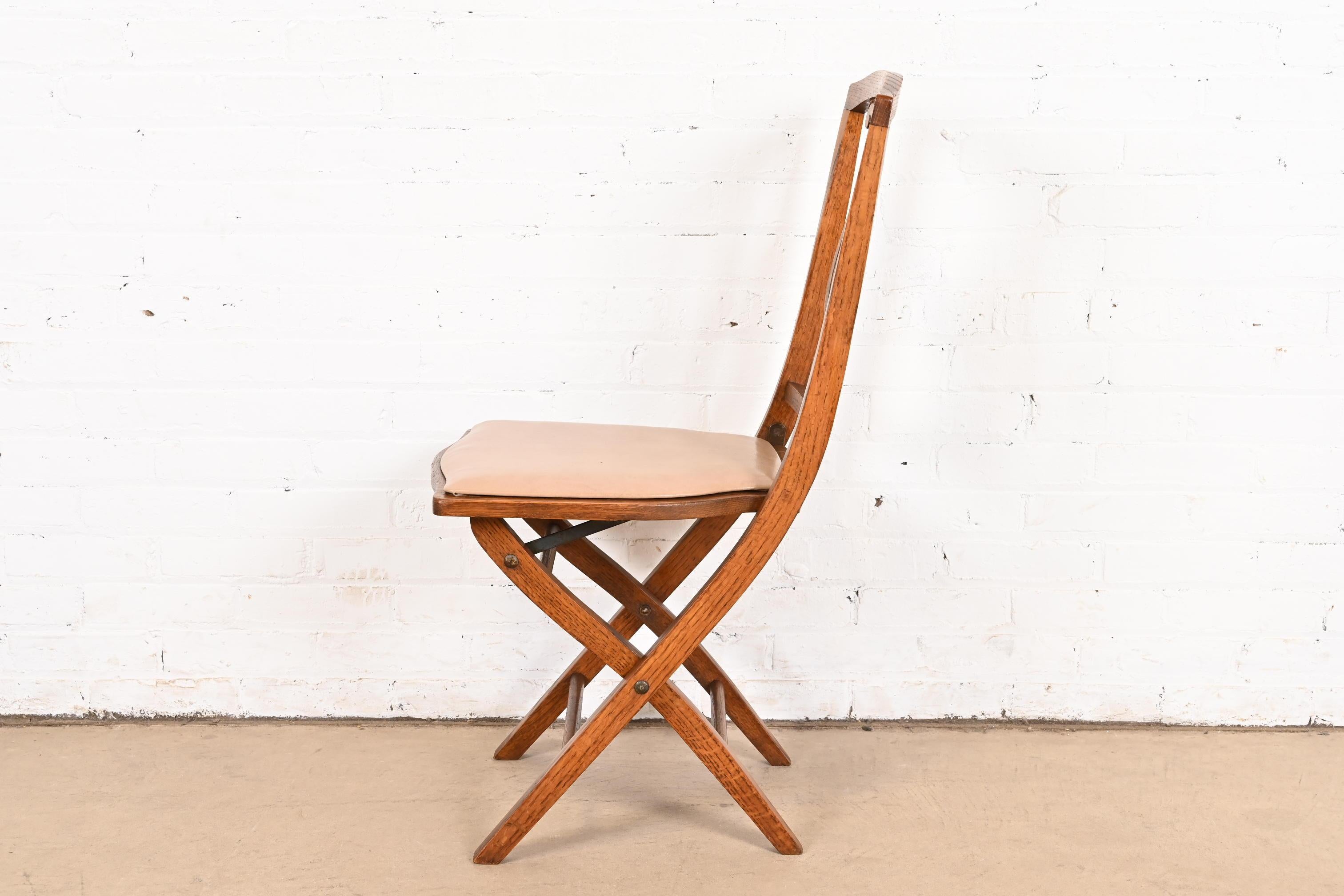 Antique Arts & Crafts Carved Oak Lyre Back Folding Chair by Phoenix Chair Co. For Sale 2
