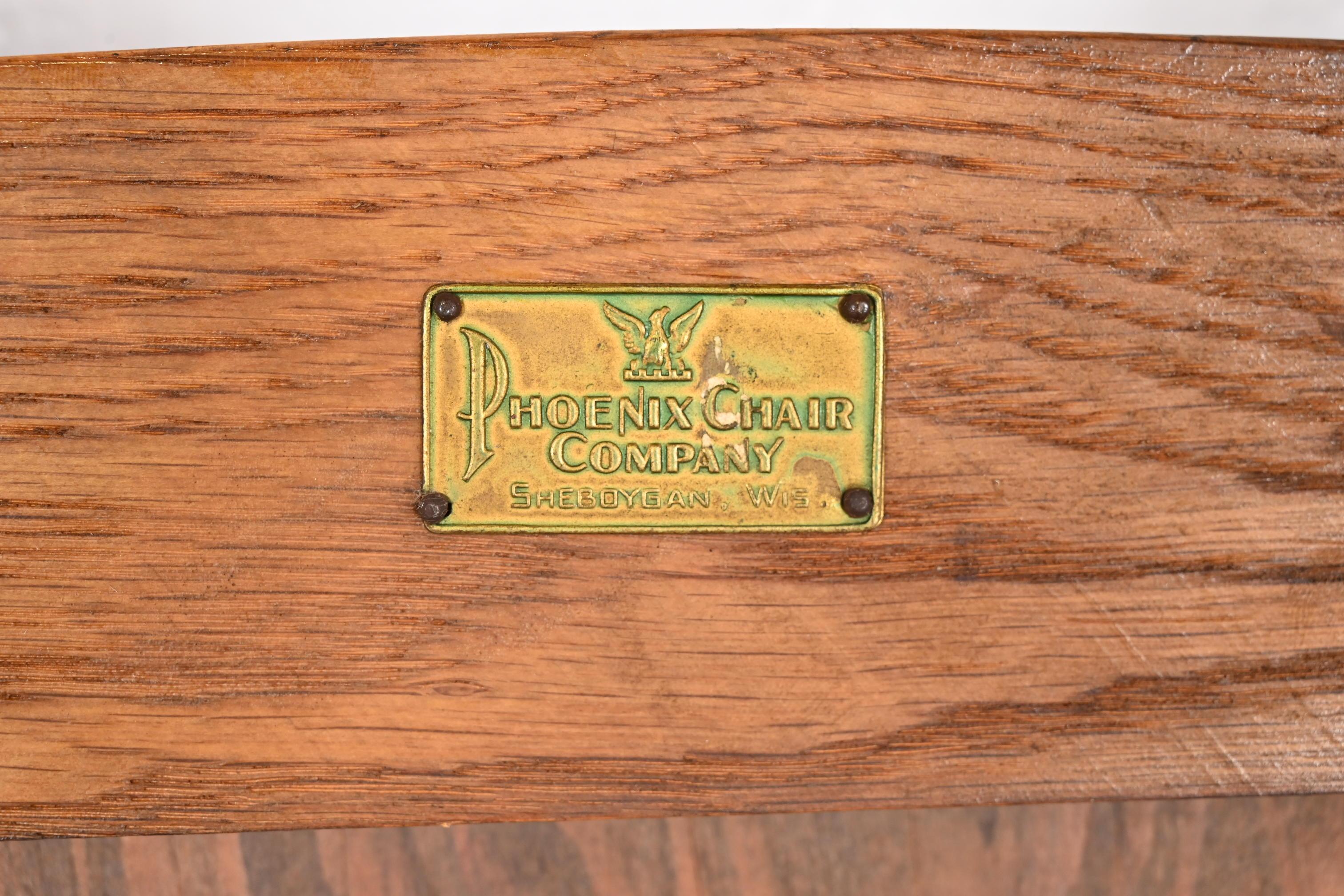 Antique Arts & Crafts Carved Oak Lyre Back Folding Chairs by Phoenix Chair Co. For Sale 5