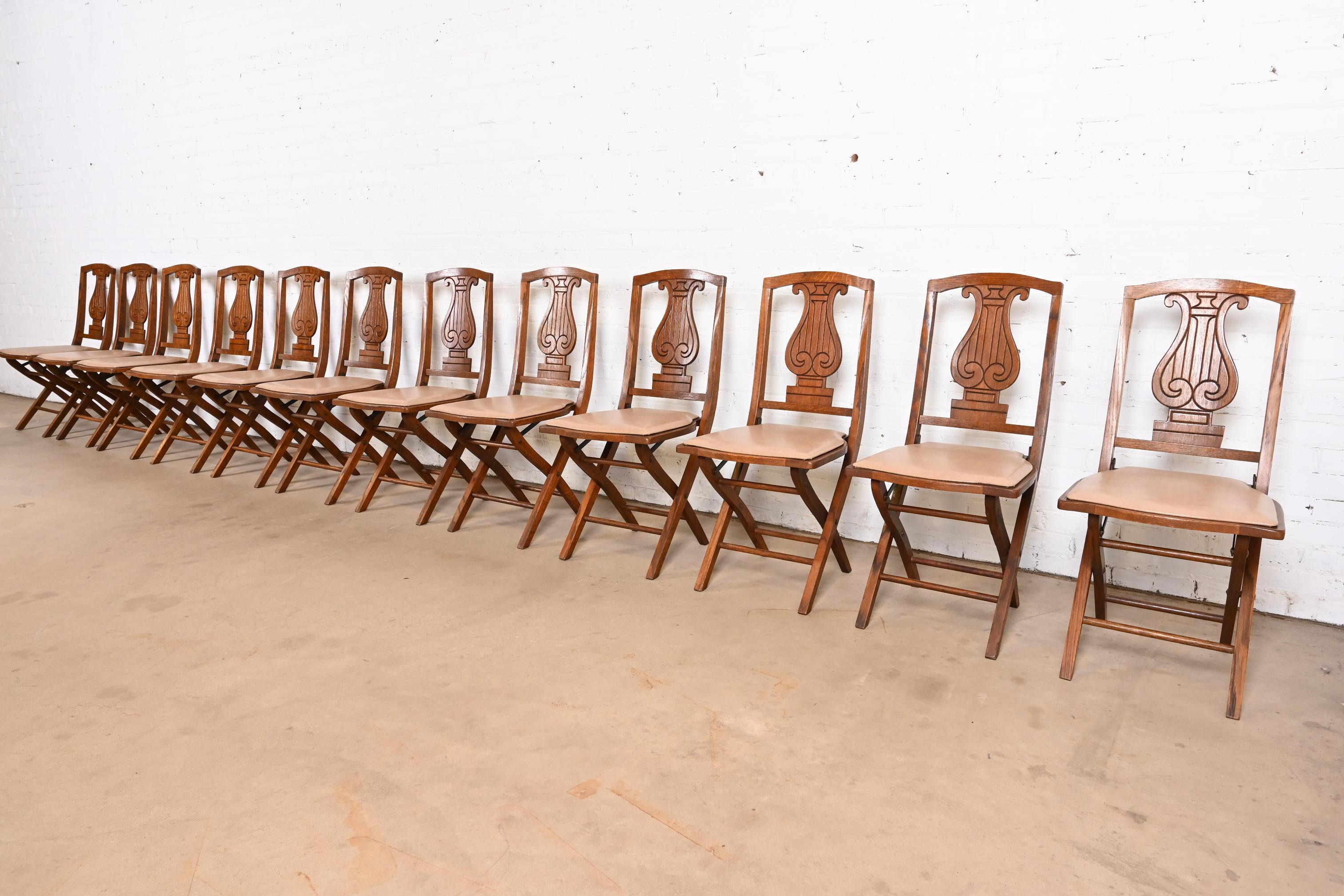 Antique Arts & Crafts Carved Oak Lyre Back Folding Chairs by Phoenix Chair Co. For Sale 6