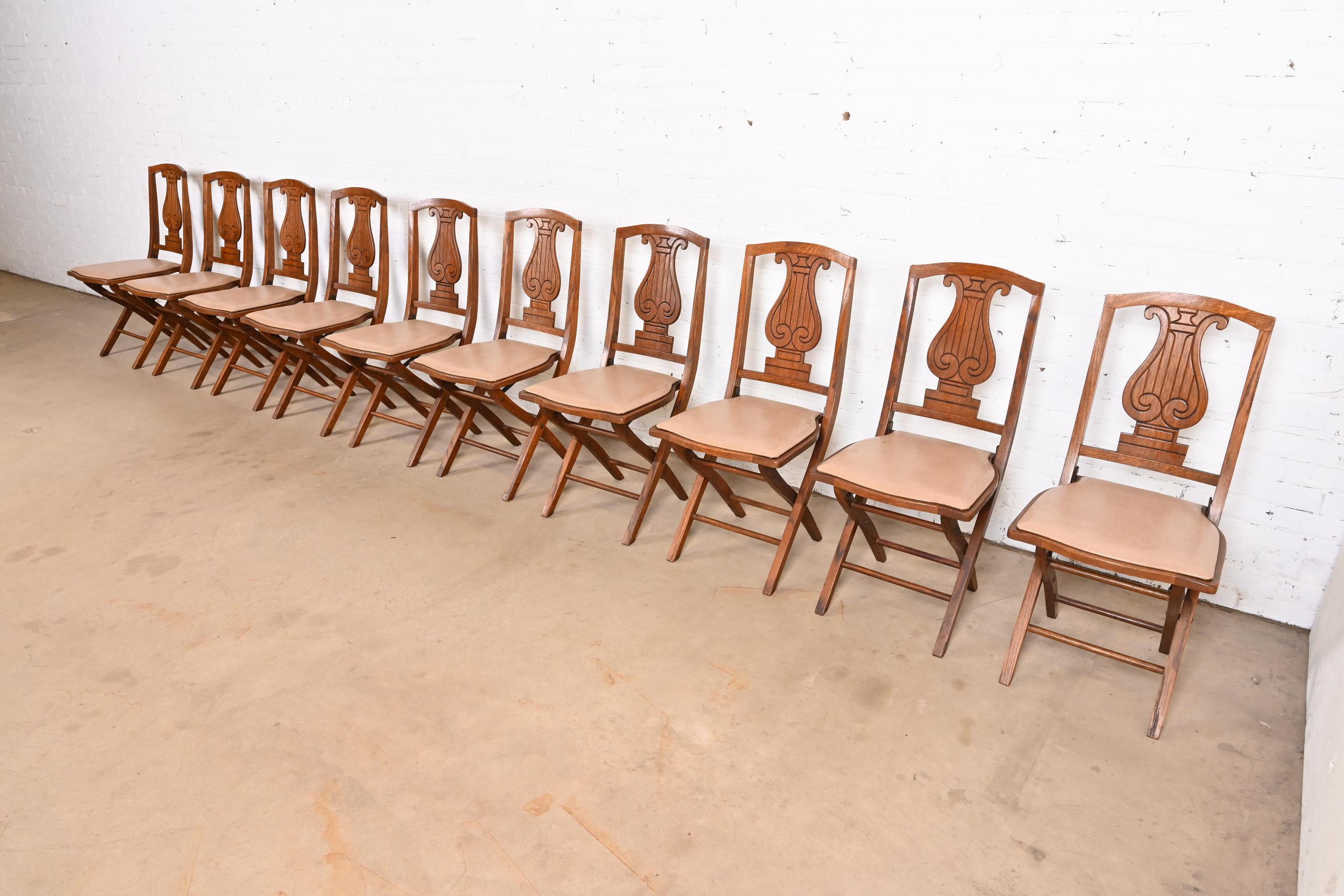 Arts and Crafts Antique Arts & Crafts Carved Oak Lyre Back Folding Chairs by Phoenix Chair Co. For Sale