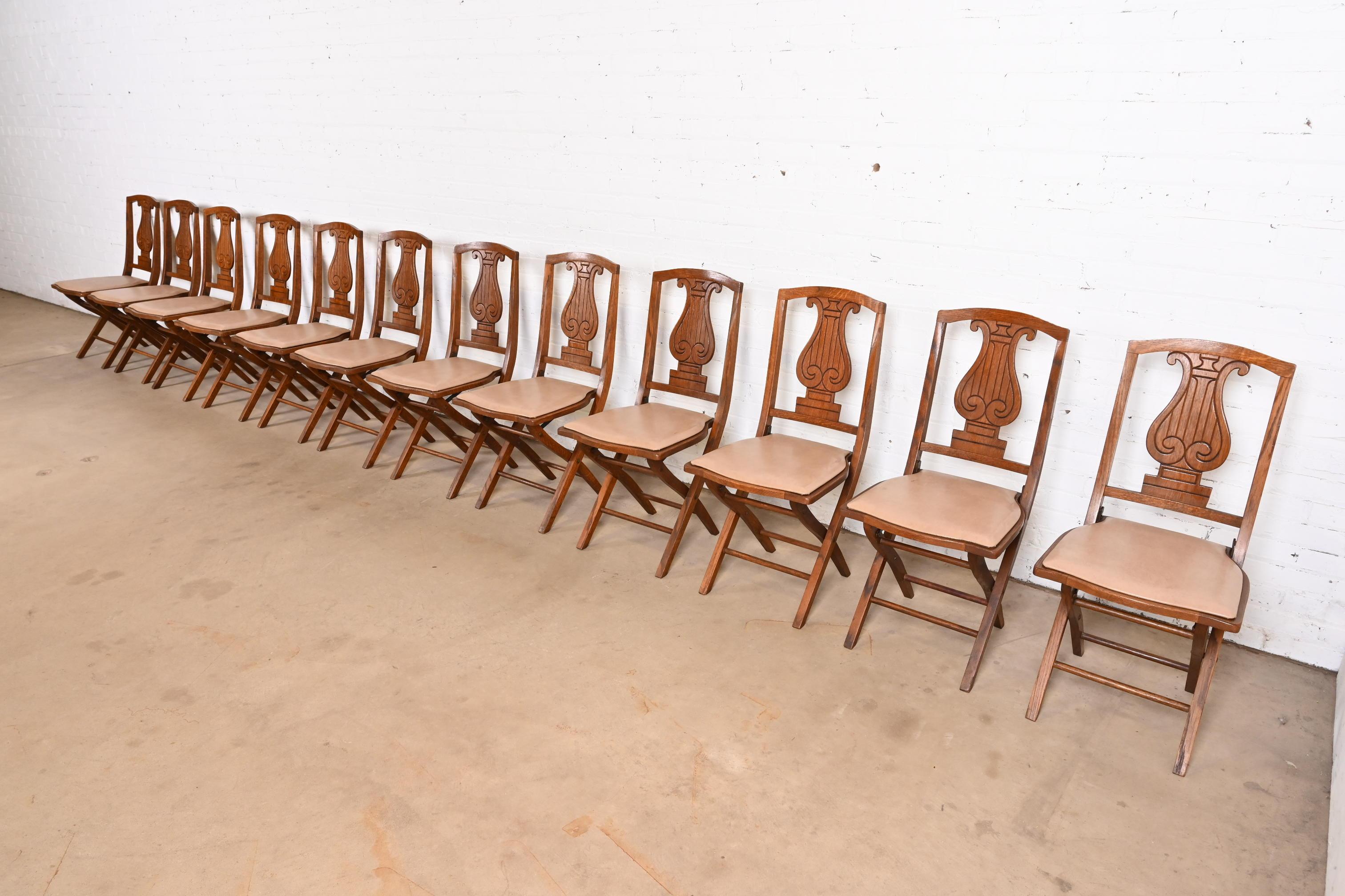 Arts and Crafts Antique Arts & Crafts Carved Oak Lyre Back Folding Chairs by Phoenix Chair Co. For Sale