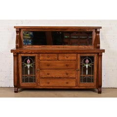 Antique Arts & Crafts Carved Oak Sideboard or Bar Cabinet, Newly Refinished
