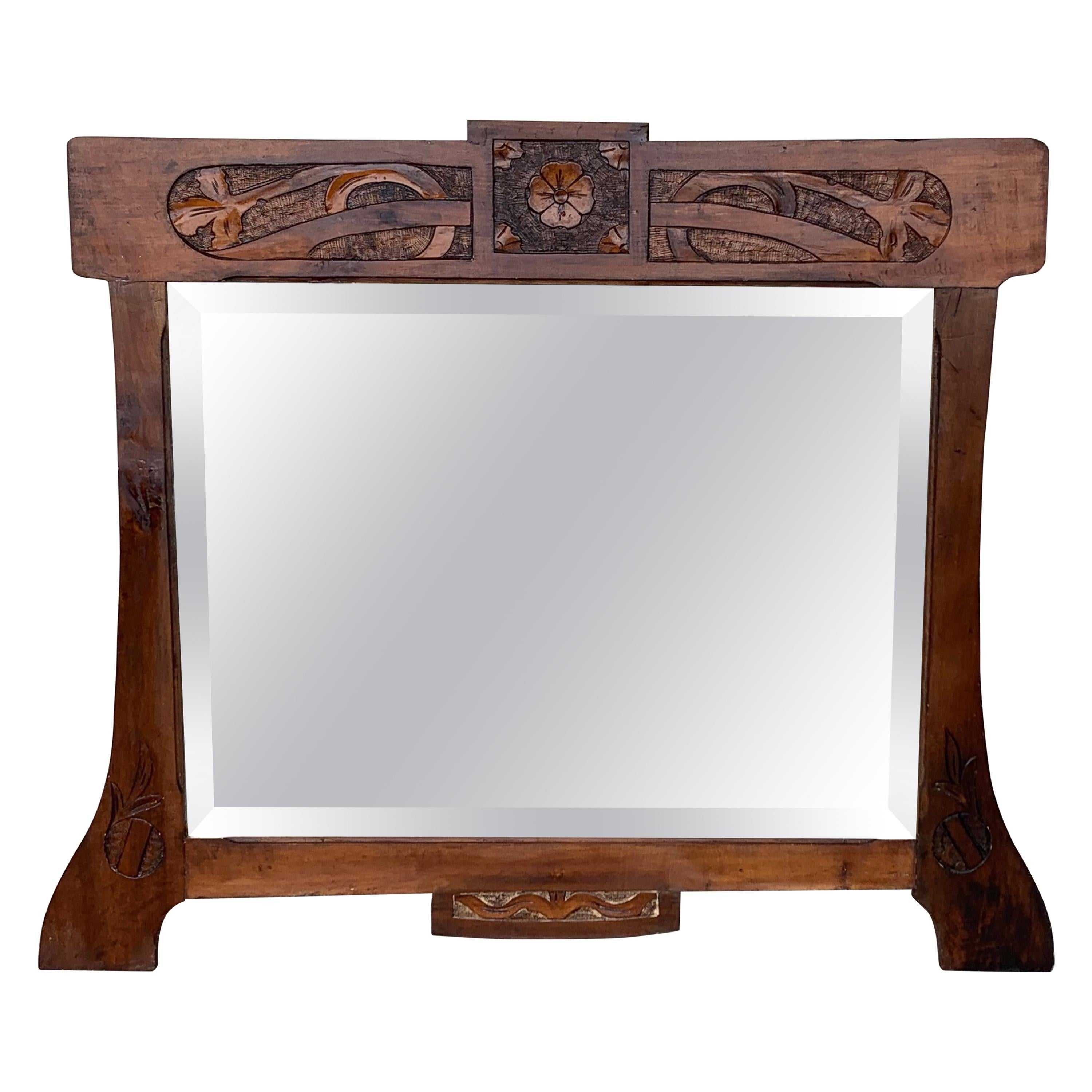 Antique Arts & Crafts Carved Oak Wall Mirror, circa 1920 For Sale