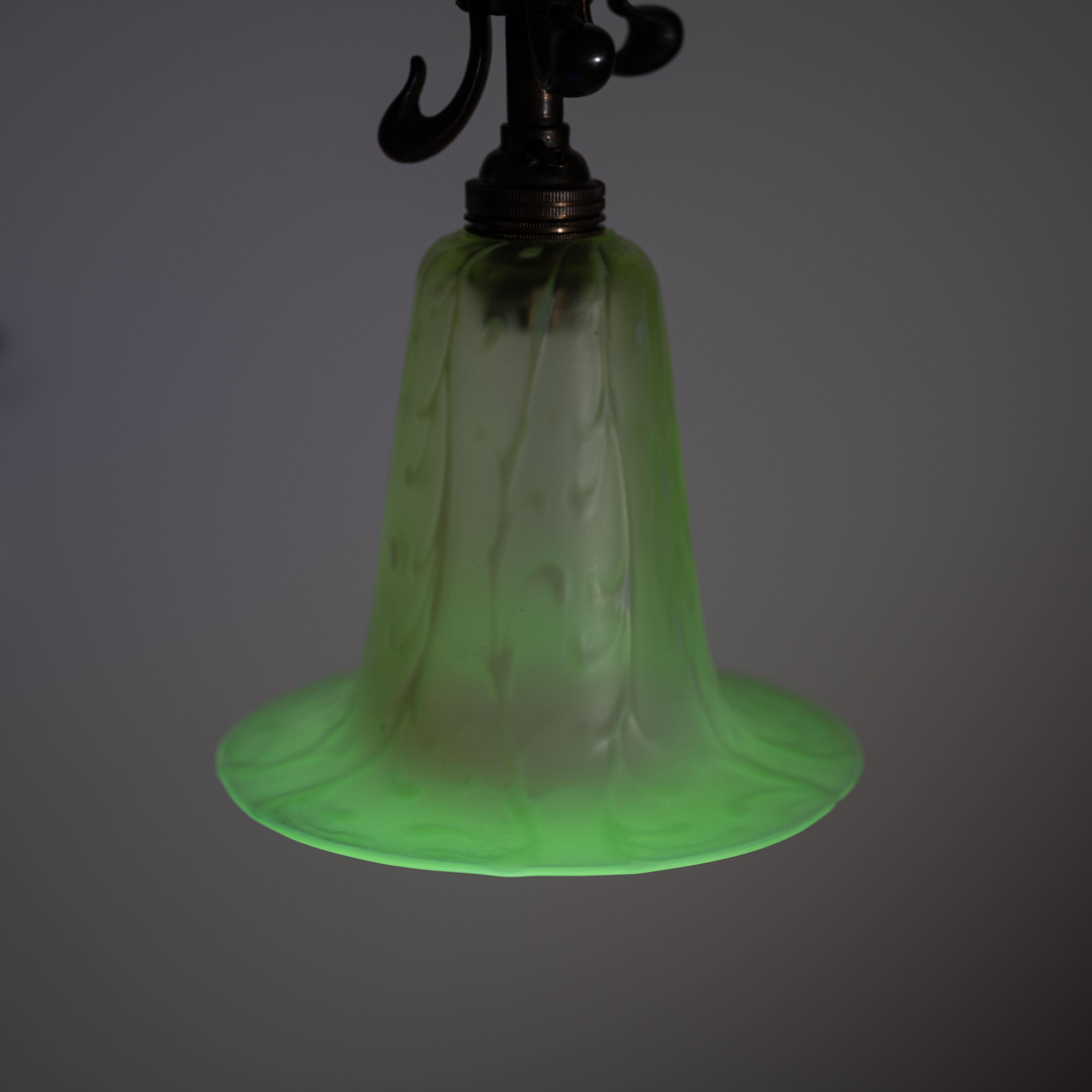 Antique Arts & Crafts Cast Copper Lamp With Rare Straw Vaseline Bell Shade For Sale 3