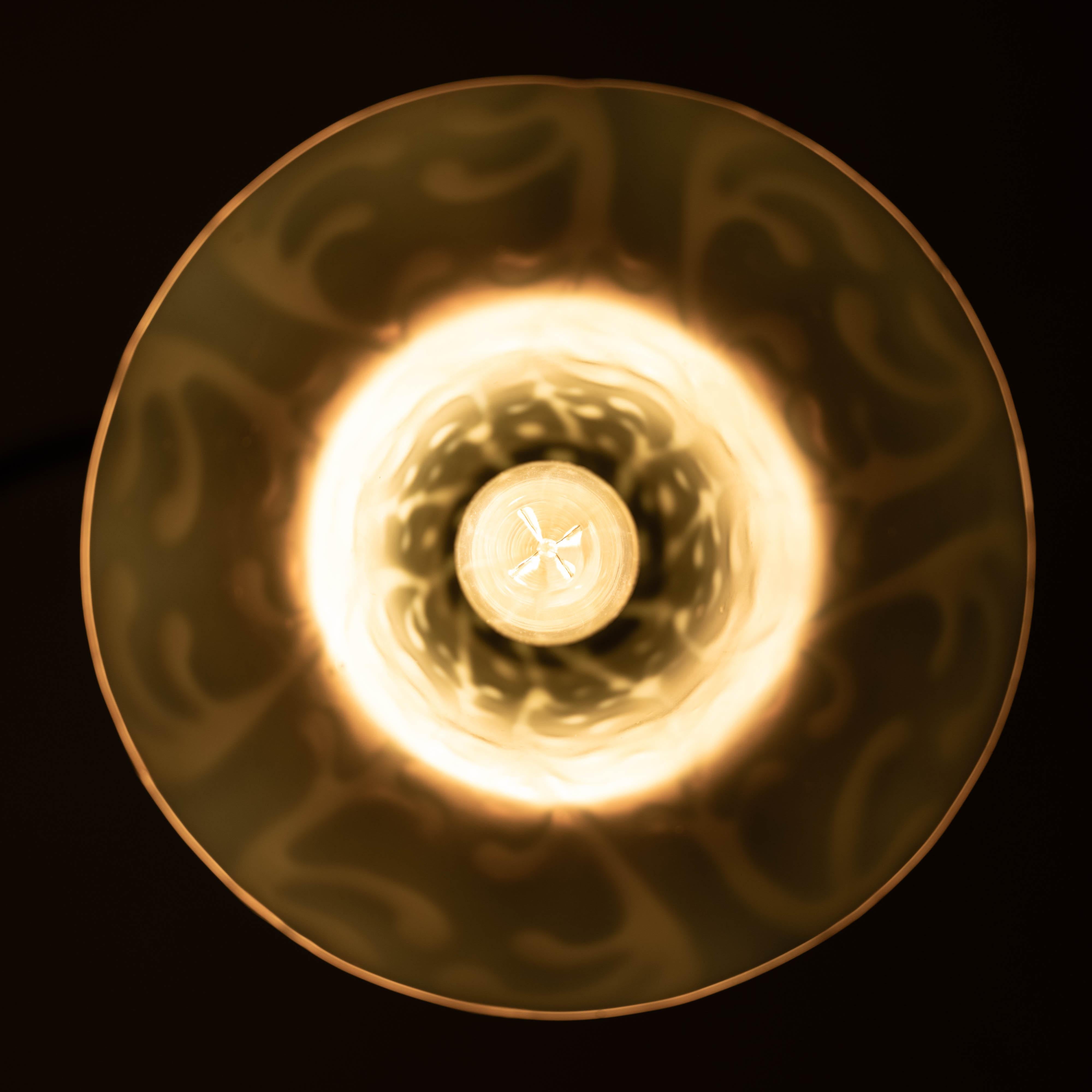 Antique Arts & Crafts Cast Copper Lamp With Rare Straw Vaseline Bell Shade For Sale 5