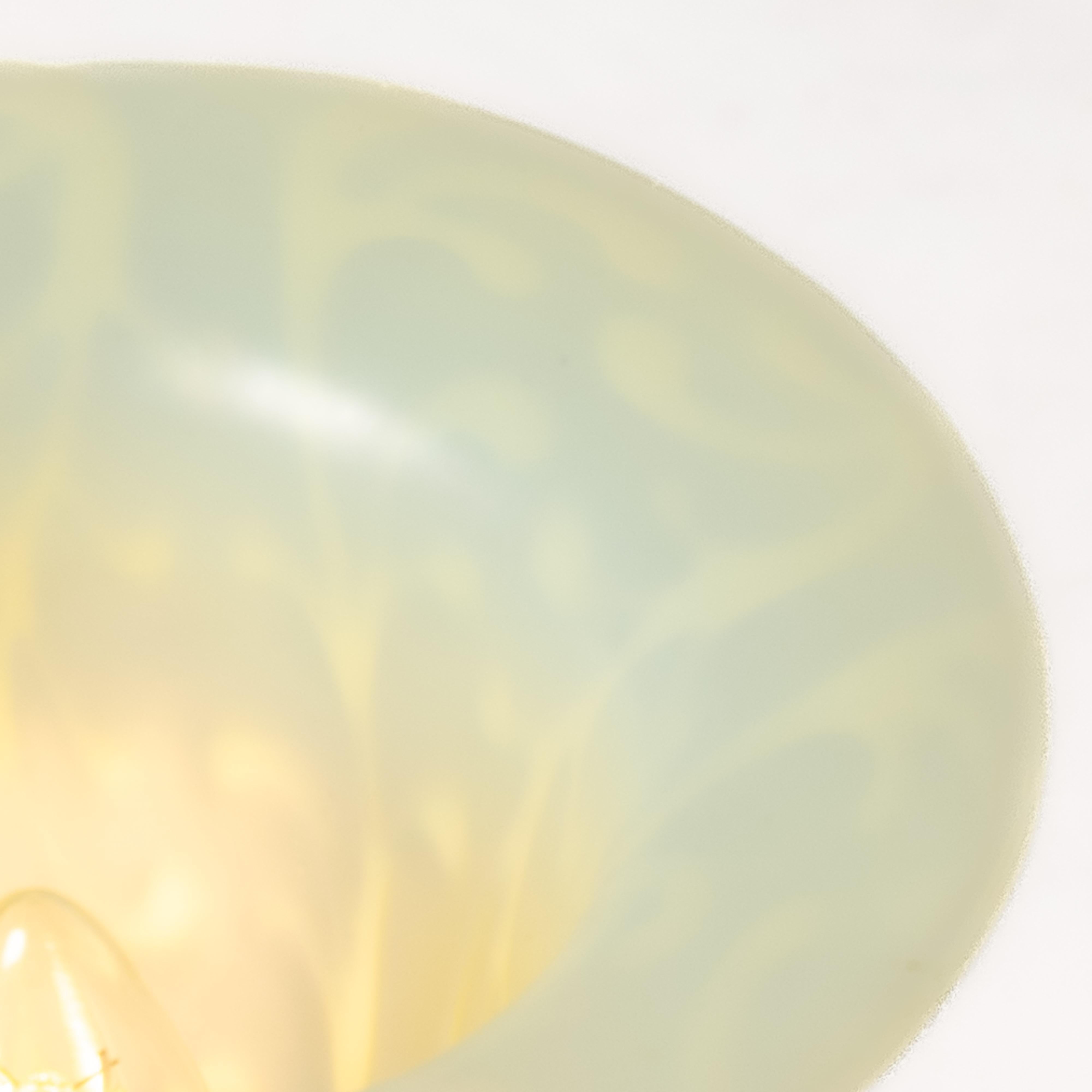 Antique Arts & Crafts Cast Copper Lamp With Rare Straw Vaseline Bell Shade For Sale 6