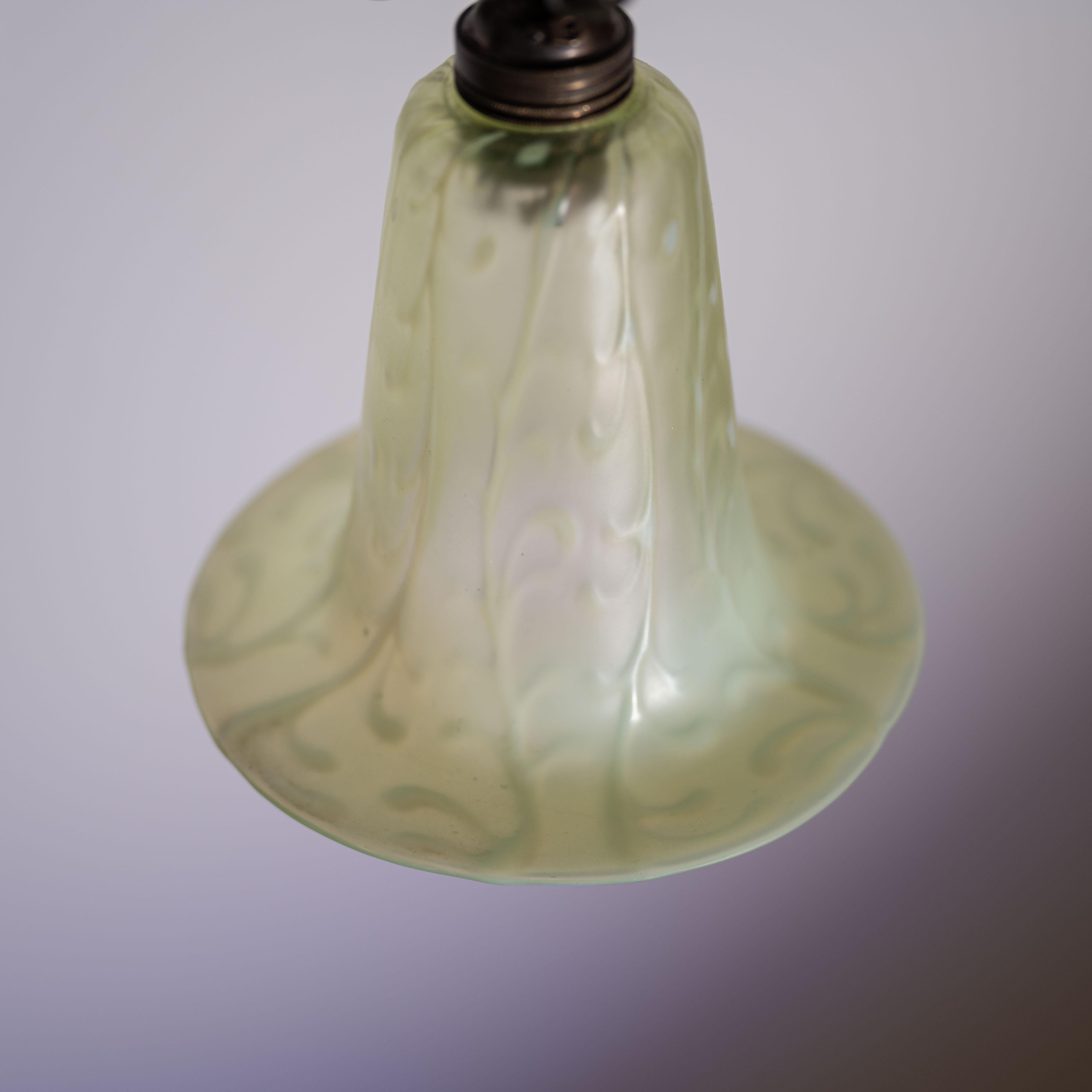 Antique Arts & Crafts Cast Copper Lamp With Rare Straw Vaseline Bell Shade For Sale 9