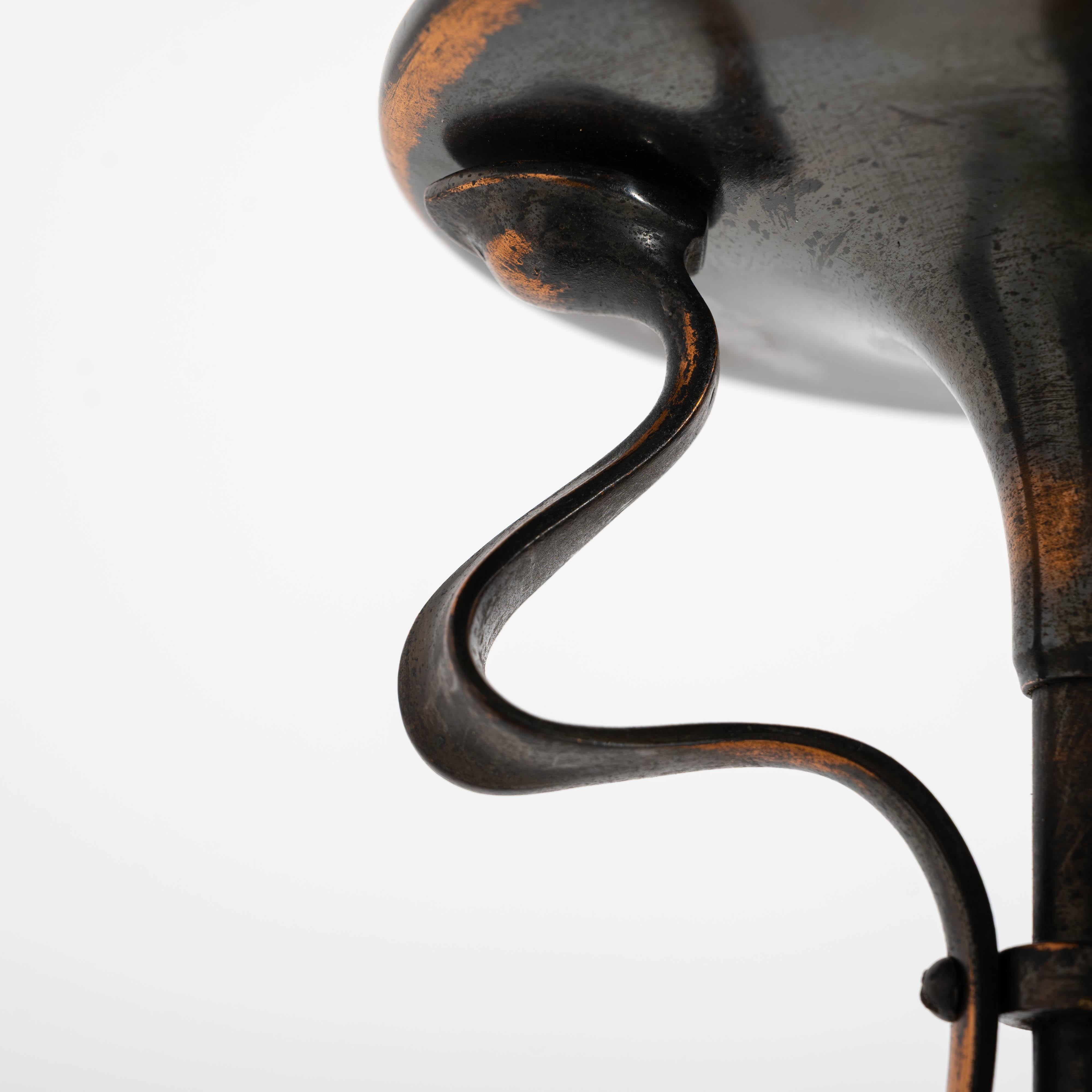 Antique Arts & Crafts Cast Copper Lamp With Rare Straw Vaseline Bell Shade For Sale 10