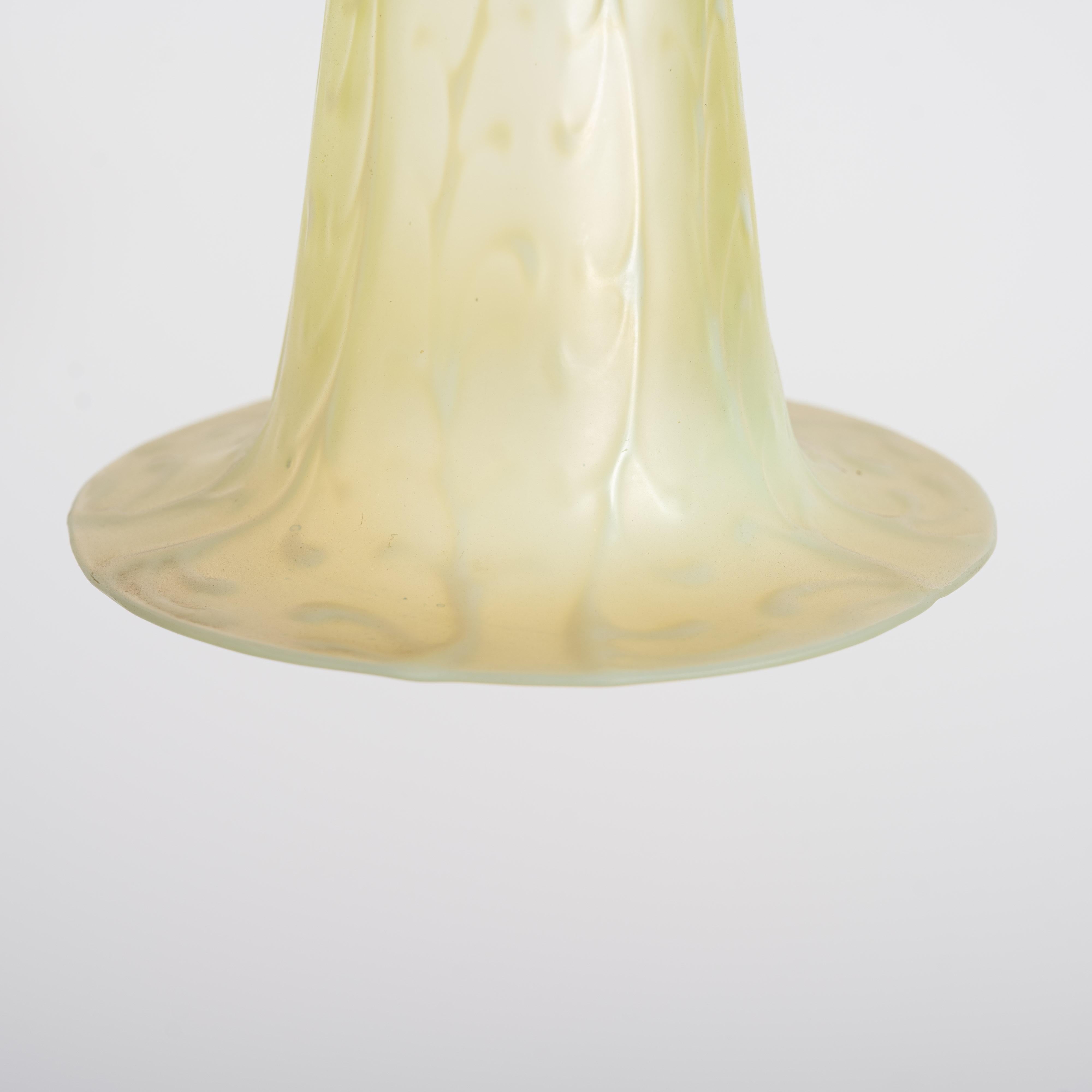 Antique Arts & Crafts Cast Copper Lamp With Rare Straw Vaseline Bell Shade For Sale 12