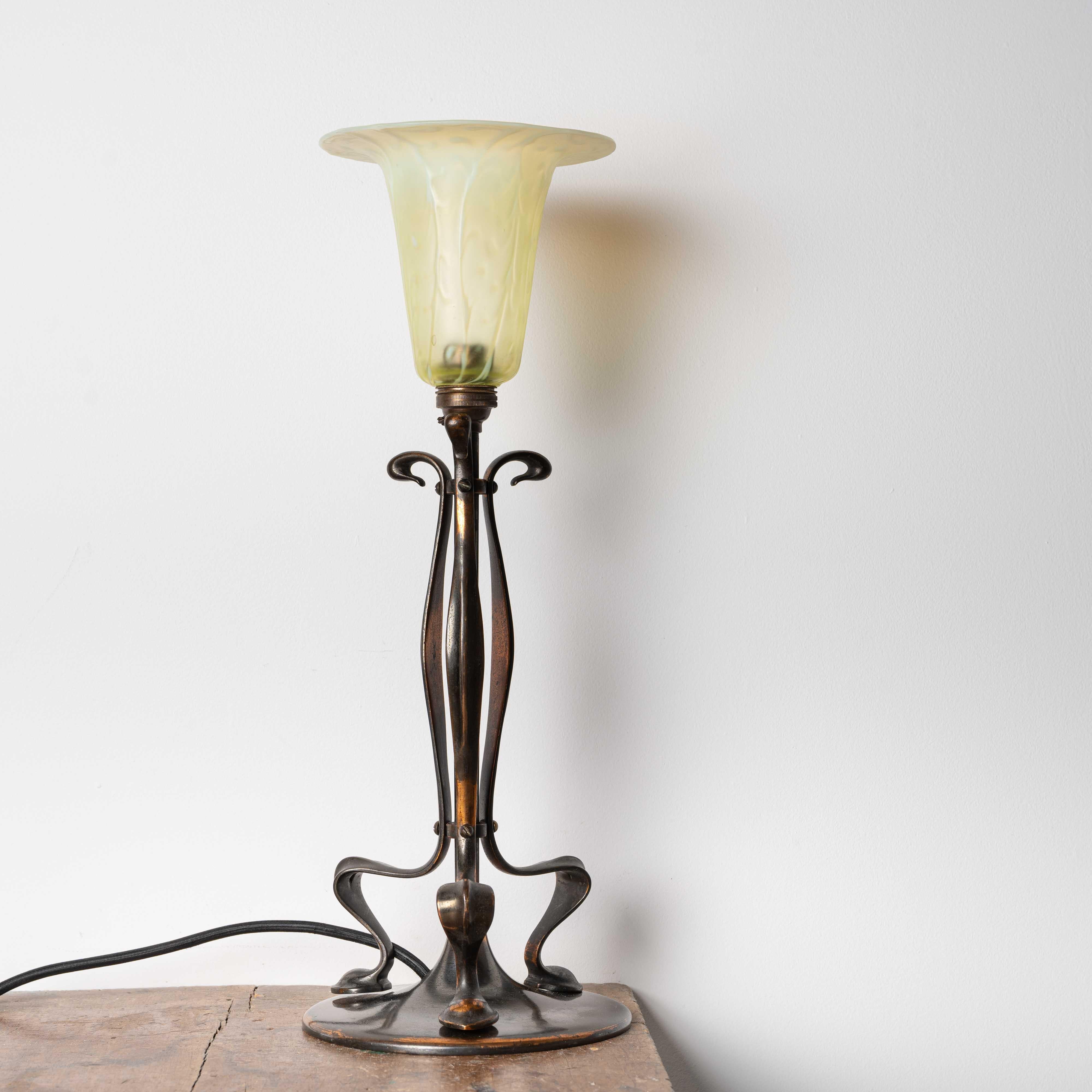 Arts and Crafts Antique Arts & Crafts Cast Copper Lamp With Rare Straw Vaseline Bell Shade For Sale